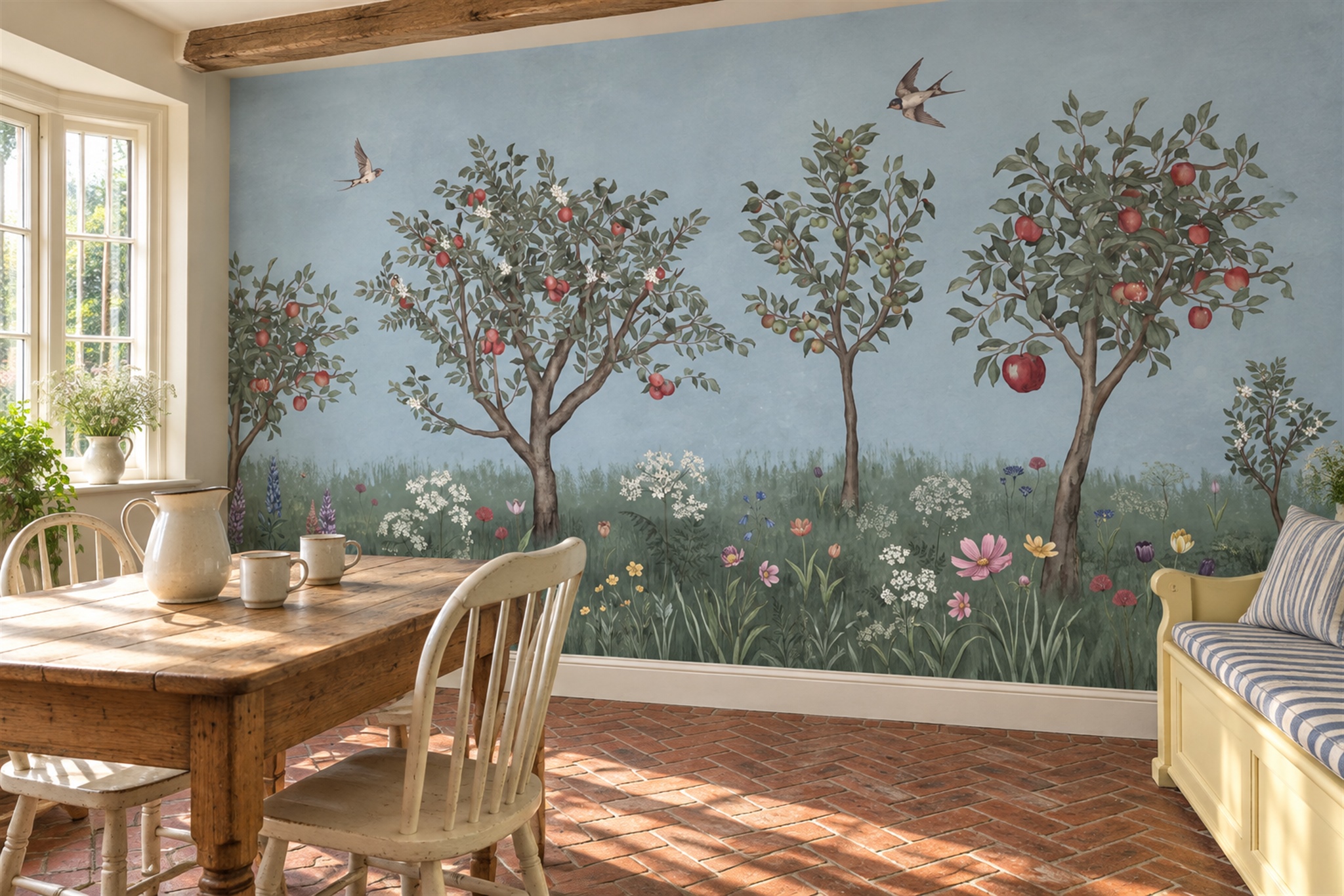 Watercolour Apple Orchard With Birds And Meadow Flowers Wallpaper Mural — Wallpaper Mural Design, Peel-and-stick Finish