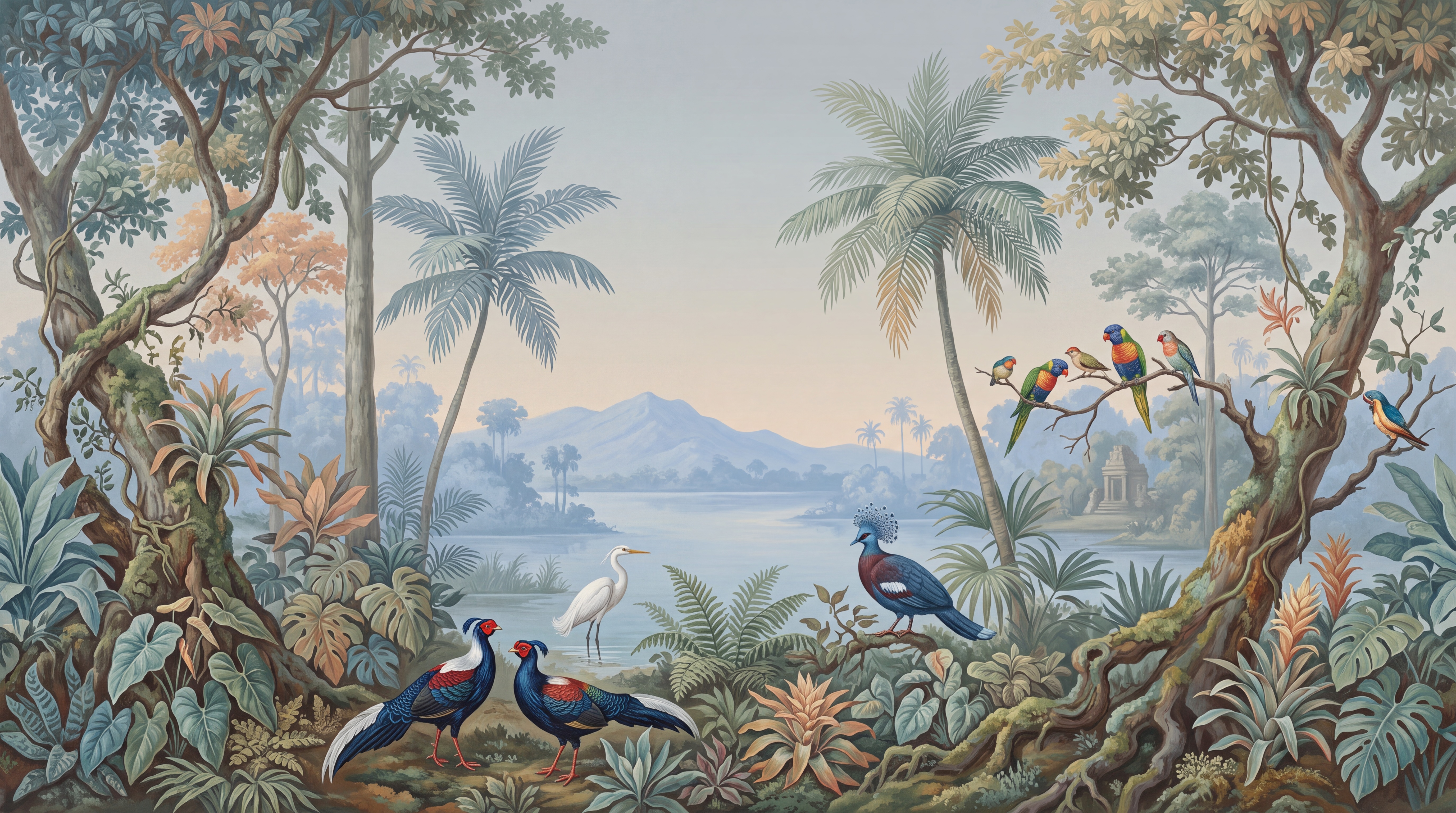 Blue Bird Illustrated Painterly Wallpaper Mural, Peel-and-stick Finish
