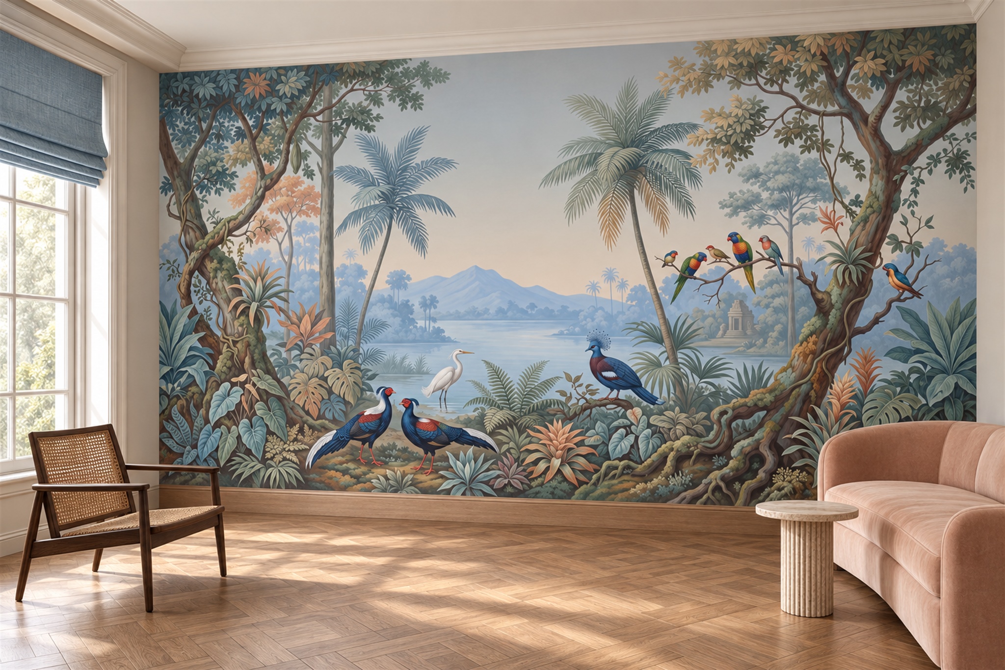 Blue Bird Illustrated Painterly Wallpaper Mural Living-room-wallpaper-murals, Shown In A Living Room, Peel-and-stick Finish