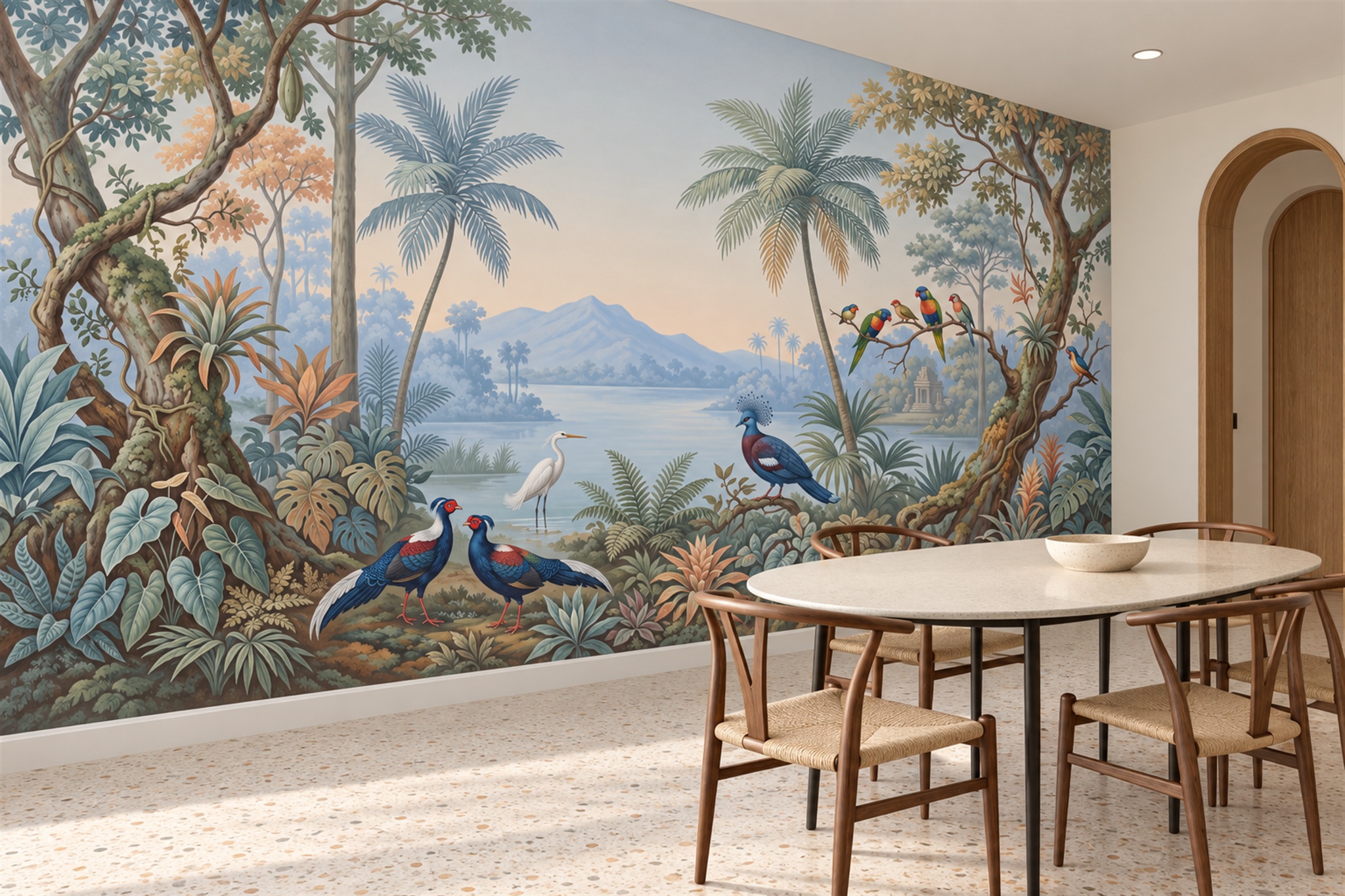 Blue Bird Illustrated Painterly Wallpaper Mural Dining-room-wallpaper-murals, Peel-and-stick Finish