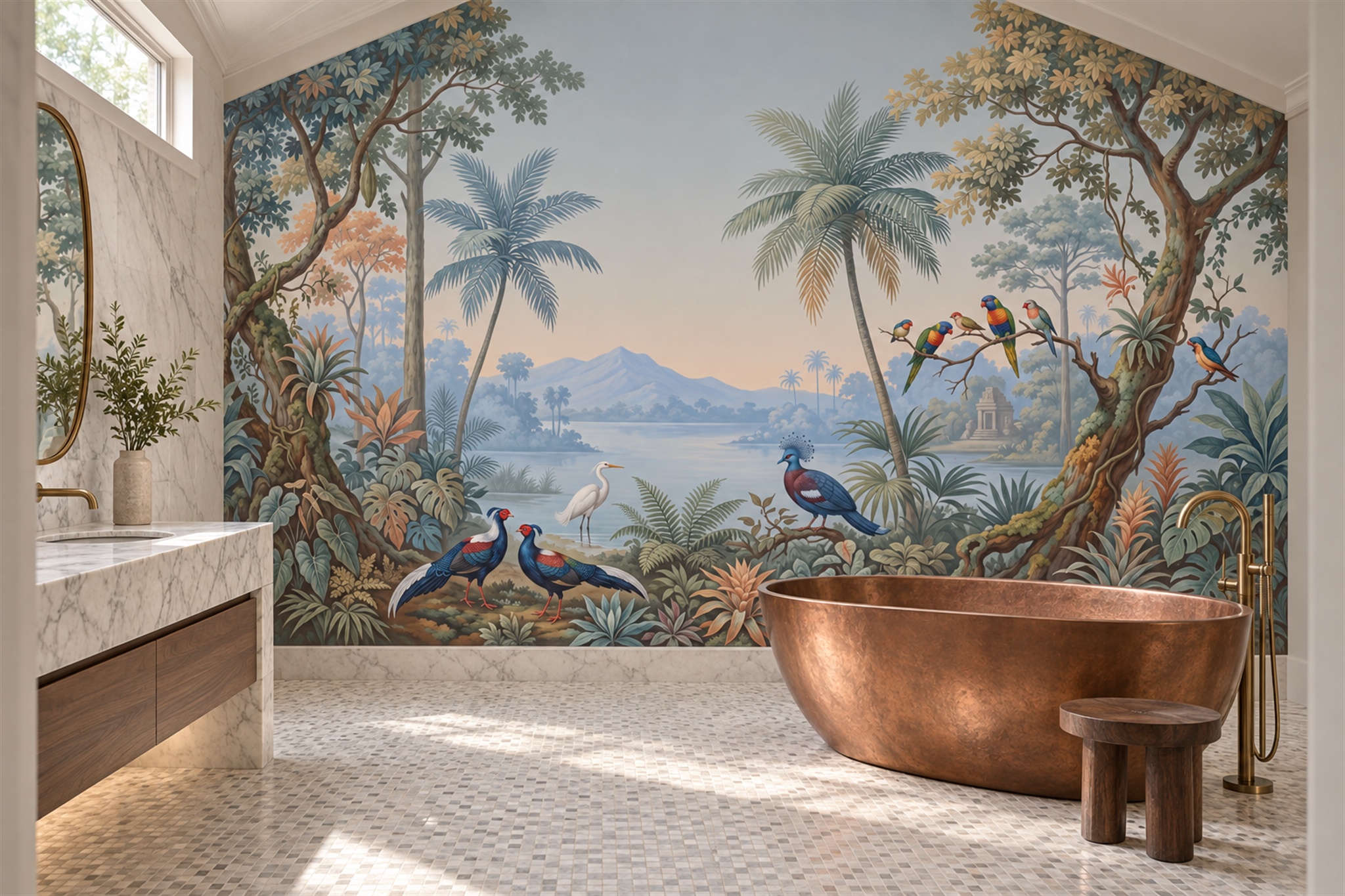 Blue Bird Illustrated Painterly Wallpaper Mural Bathroom-wallpaper-murals, Peel-and-stick Finish