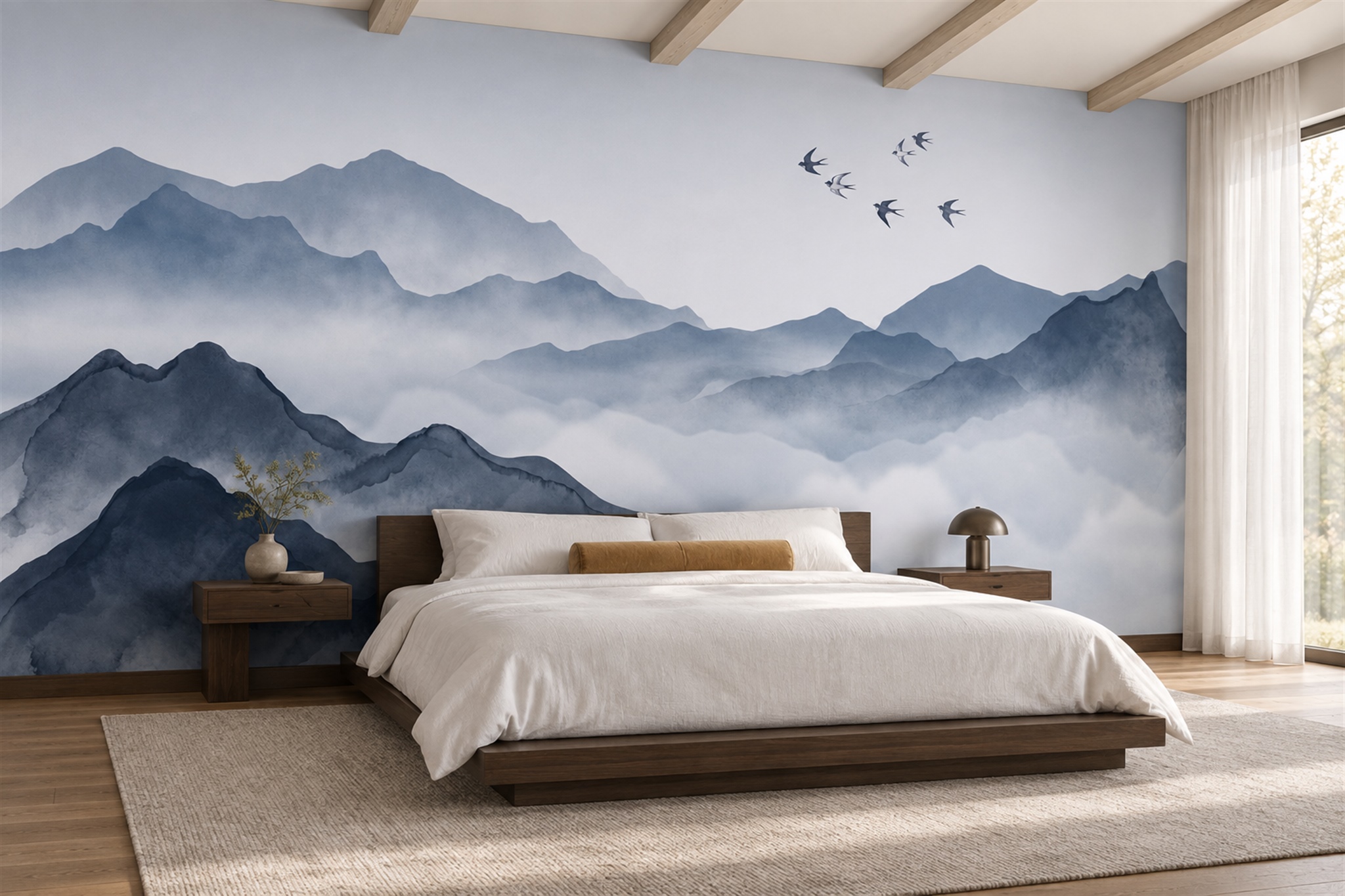 Blue Mountain Scenic Layered Wallpaper Mural Bedroom-wallpaper-murals, Peel-and-stick Finish