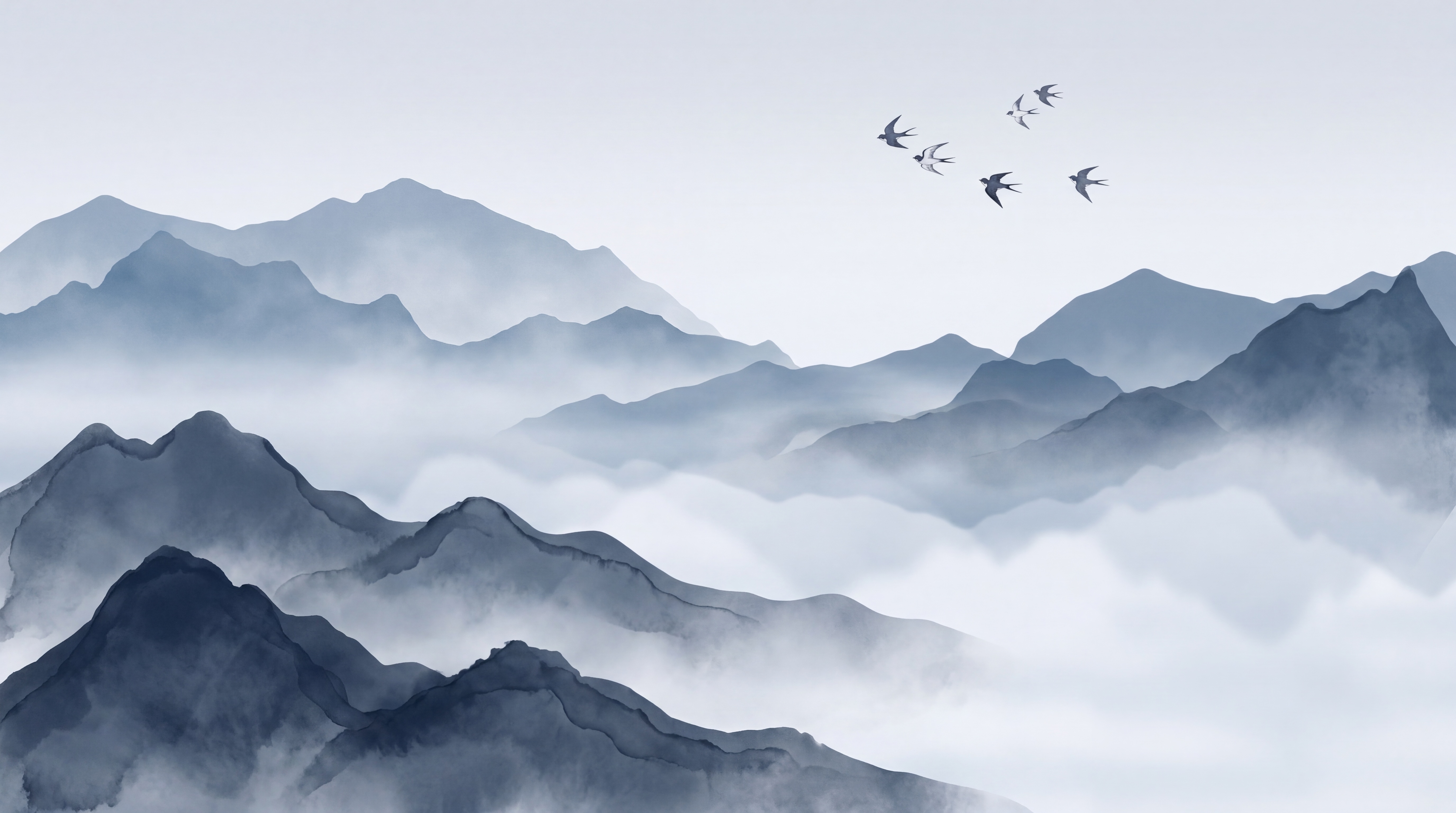 Blue Mountain Scenic Layered Wallpaper Mural, Peel-and-stick Finish