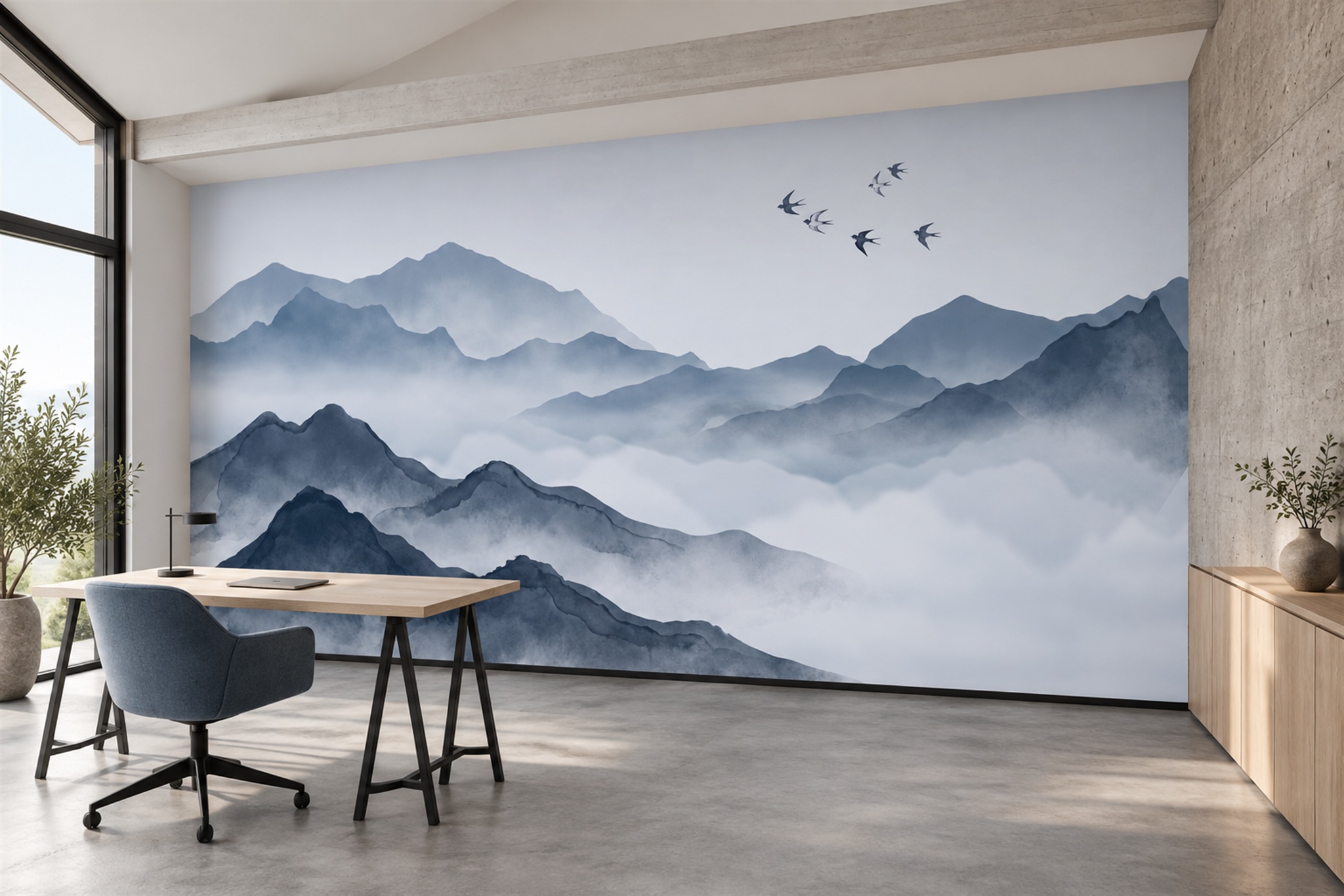 Blue Mountain Scenic Layered Wallpaper Mural Home-office-wallpaper-murals, Shown In A Home Office, Peel-and-stick Finish