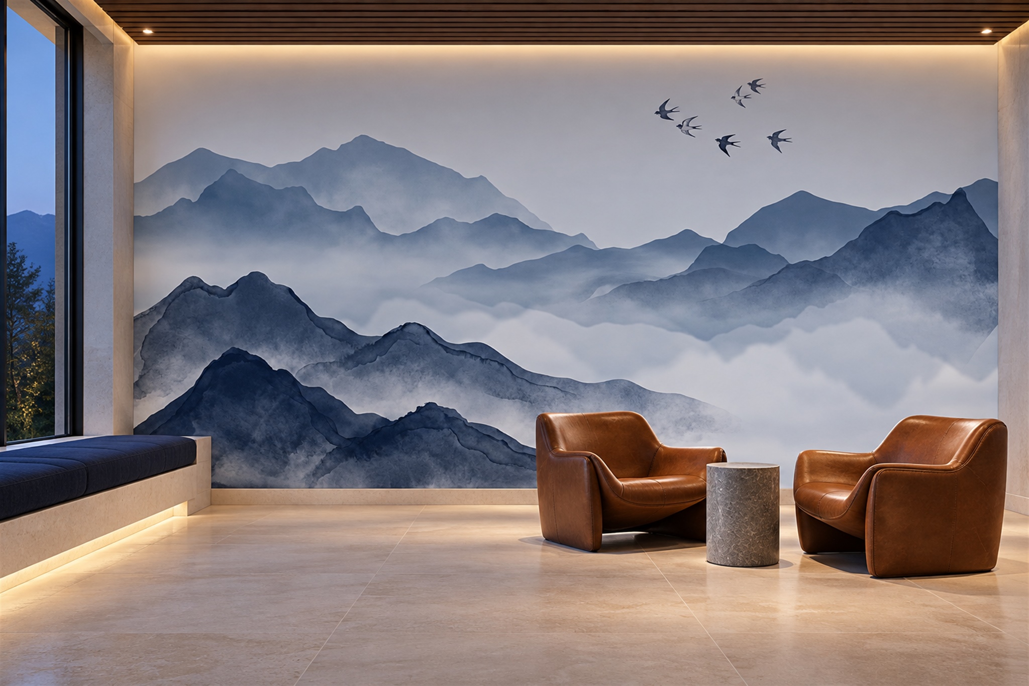 Blue Mountain Scenic Layered Wallpaper Mural Bedroom-wallpaper-murals, Peel-and-stick Finish
