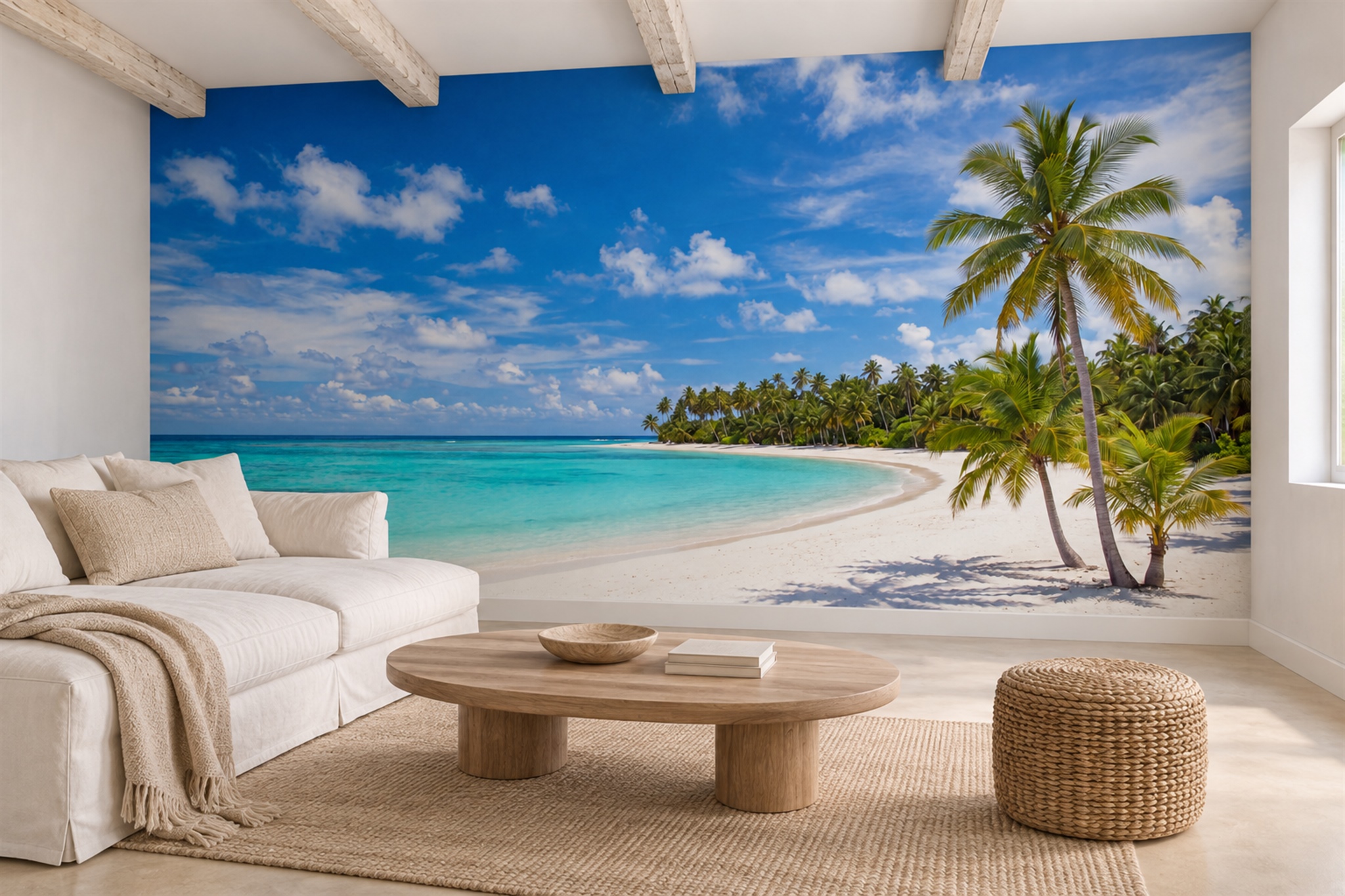 Aqua Beach Scenic Wallpaper Mural Living-room-wallpaper-murals, Peel-and-stick Finish