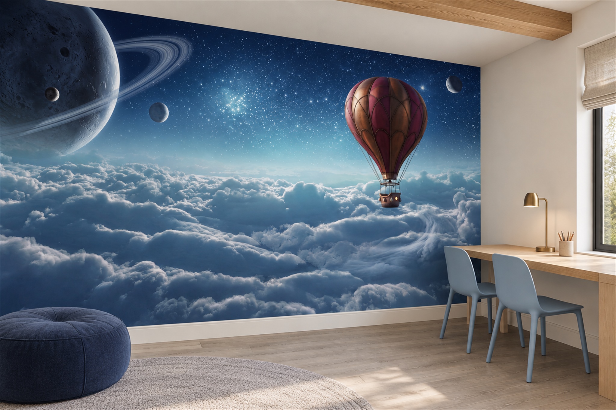 Navy Pattern Decorative Wallpaper Mural Layered Abstract Wallpaper Mural Home-office-wallpaper-murals, Shown In A Home Office, Peel-and-stick Finish