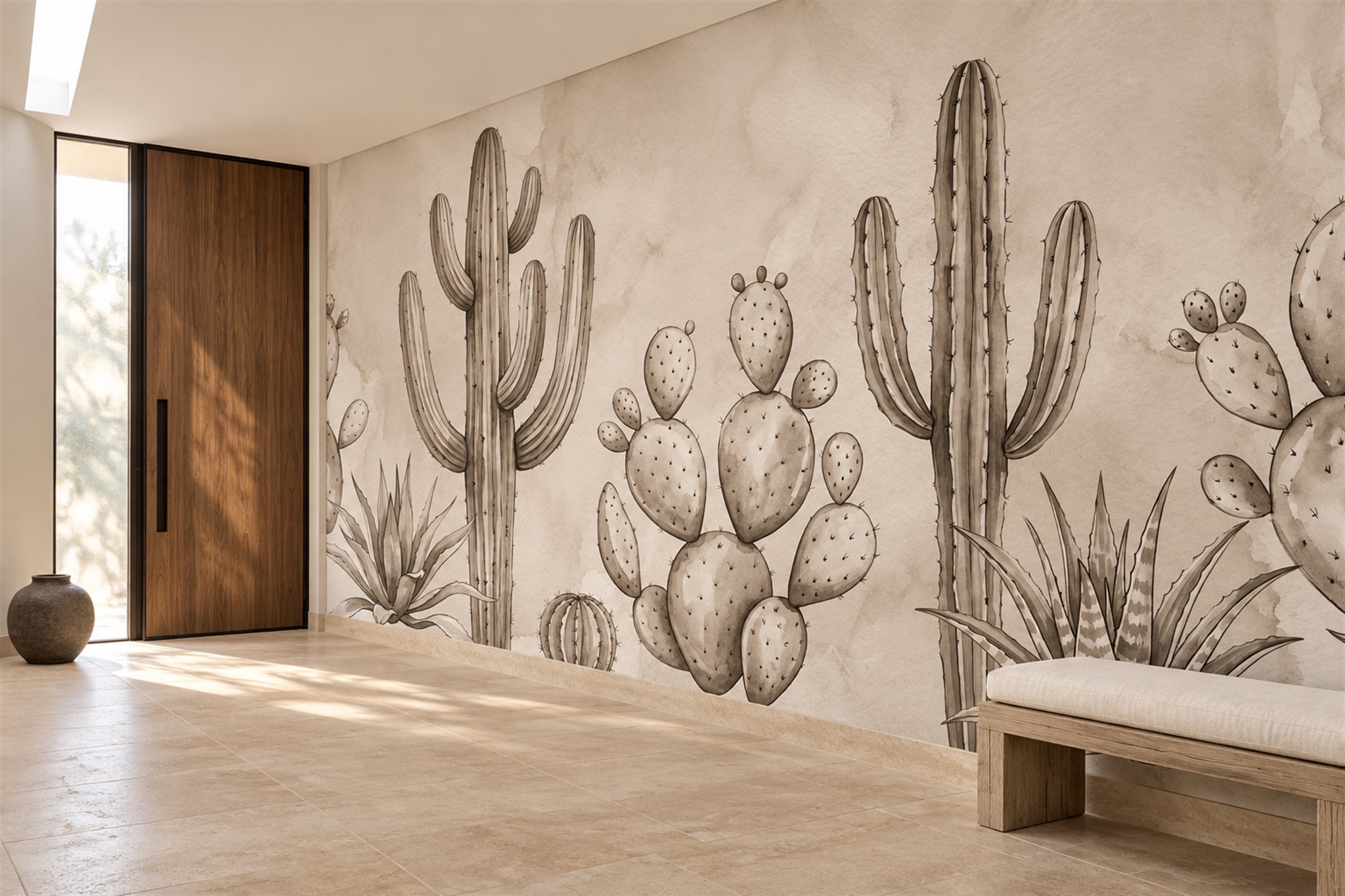 Taupe Cactus Artful Wallpaper Mural Entryway-wallpaper-murals, Peel-and-stick Finish