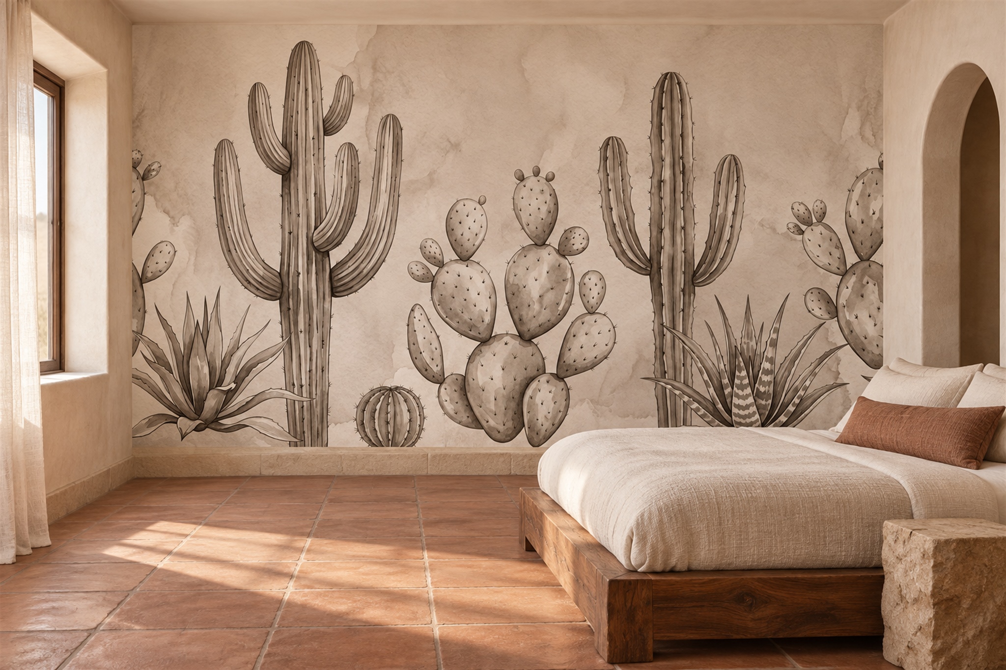 Taupe Cactus Artful Wallpaper Mural Bedroom-wallpaper-murals, Peel-and-stick Finish