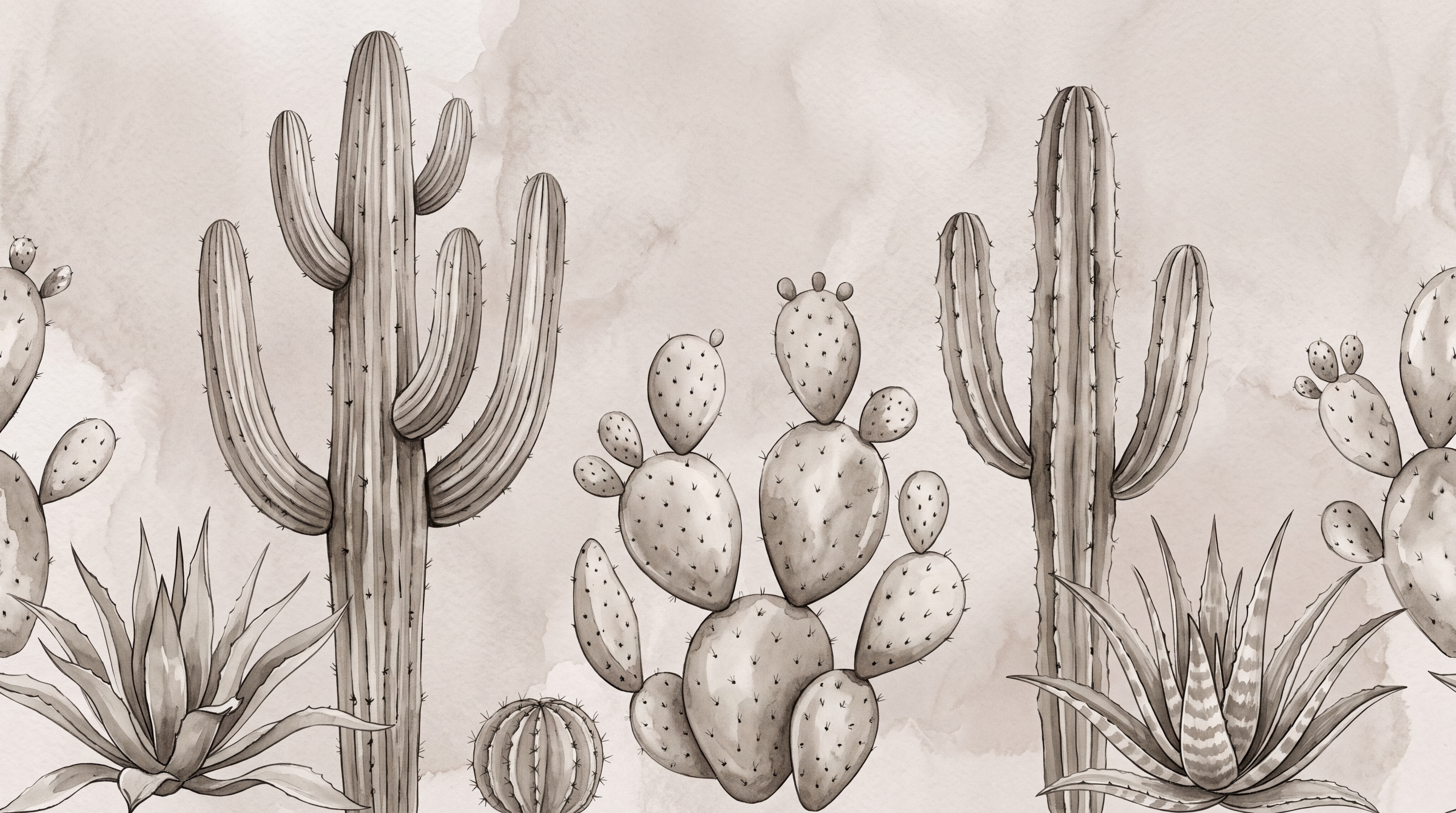 Taupe Cactus Artful Wallpaper Mural, Peel-and-stick Finish