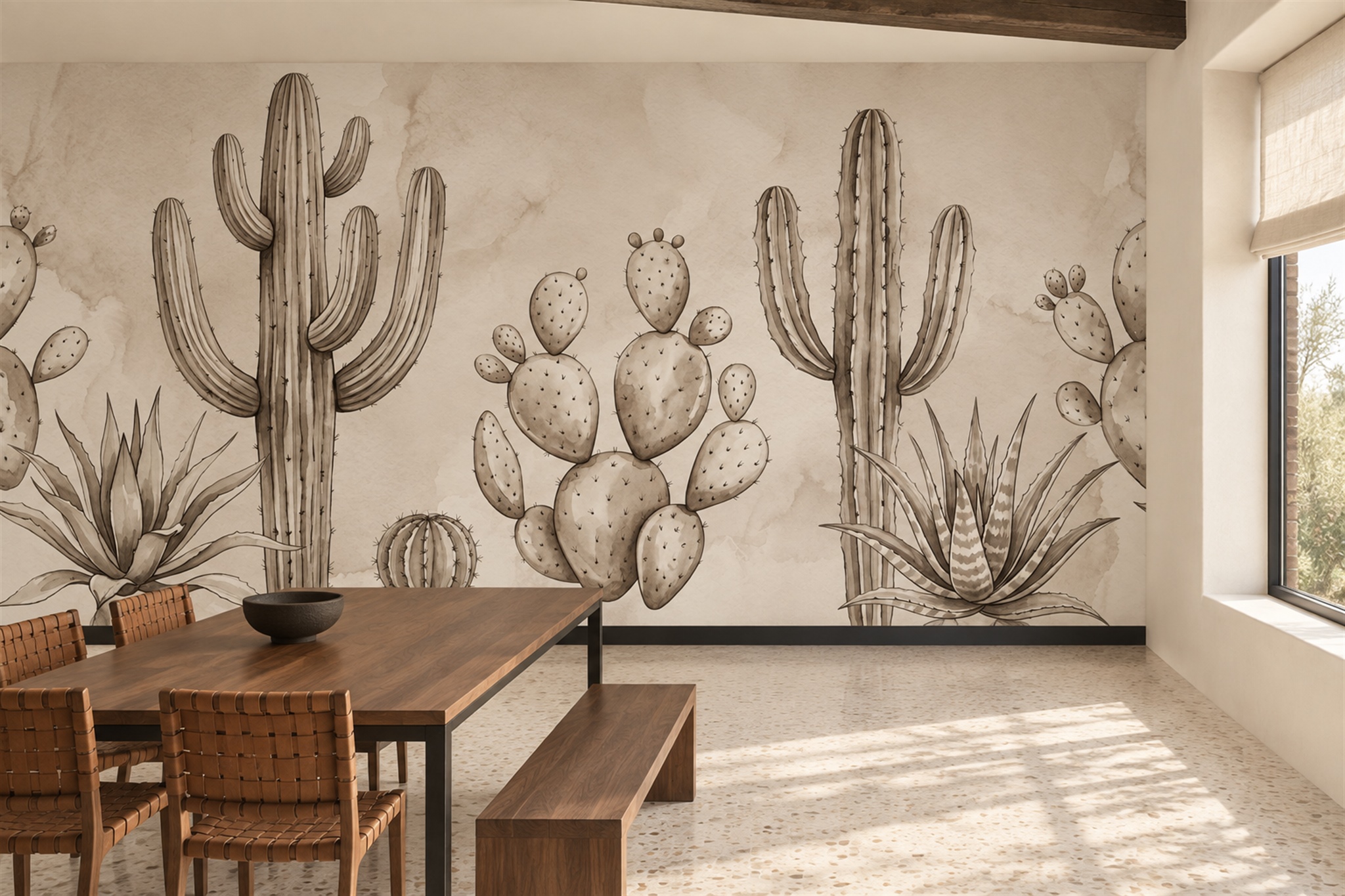 Taupe Cactus Artful Wallpaper Mural Bedroom-wallpaper-murals, Peel-and-stick Finish