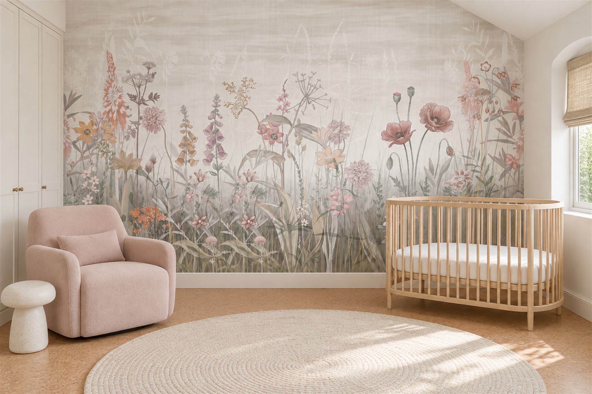Pink Botanical Botanical Meadow Wallpaper Mural Nursery-wallpaper-murals, Peel-and-stick Finish