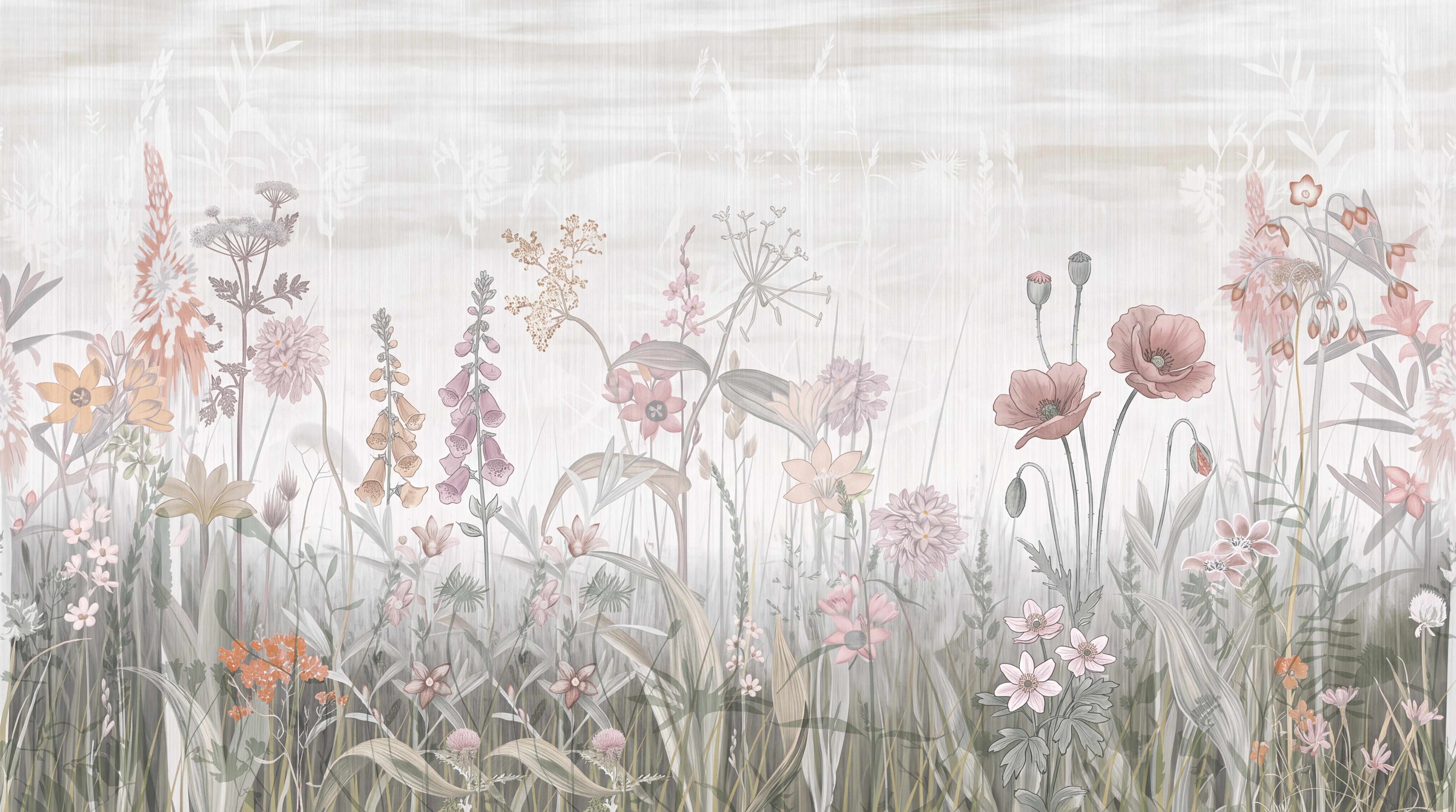 Pink Botanical Botanical Meadow Wallpaper Mural, Peel-and-stick Finish