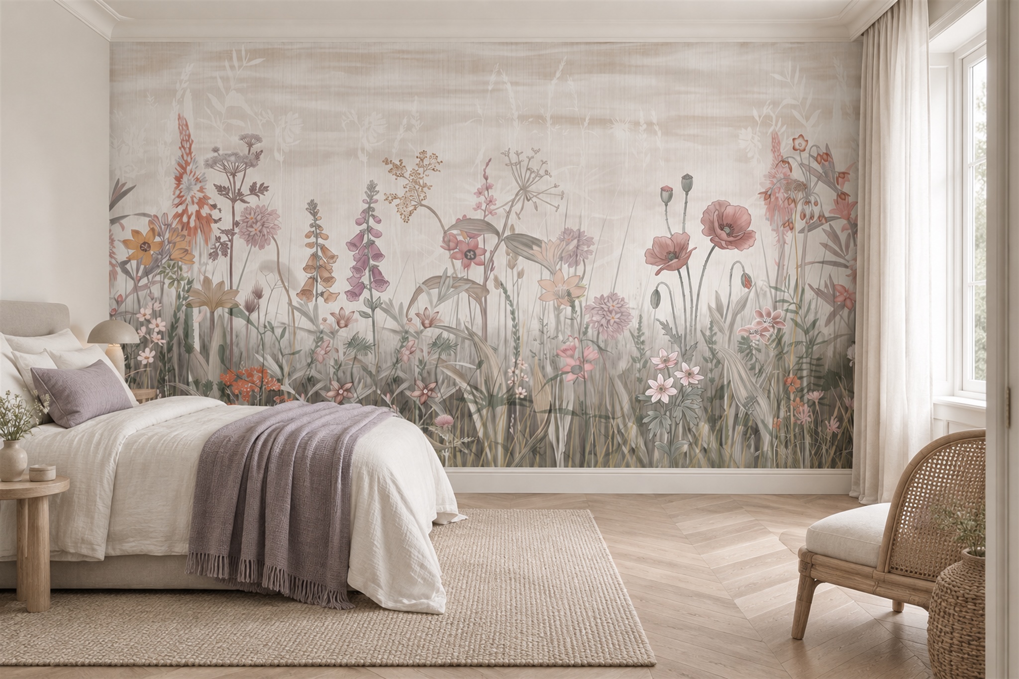 Soft Watercolour Wildflower Meadow Wallpaper Mural — Installed Wallpaper Mural In A Bedroom, Peel-and-stick Finish