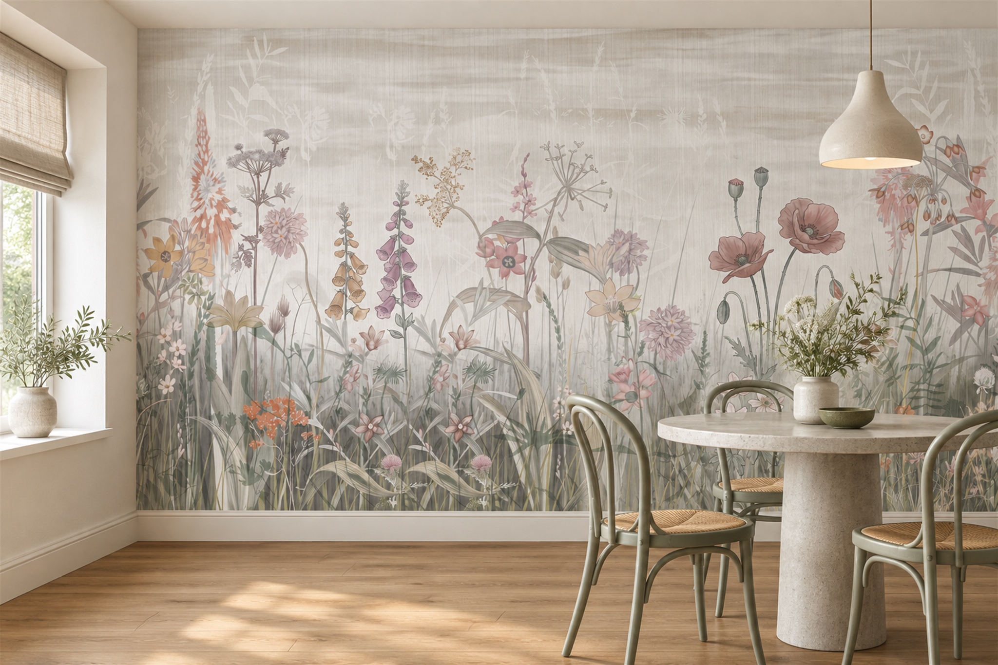 Pink Botanical Botanical Meadow Wallpaper Mural Dining-room-wallpaper-murals, Shown In A Dining Room, Peel-and-stick Finish