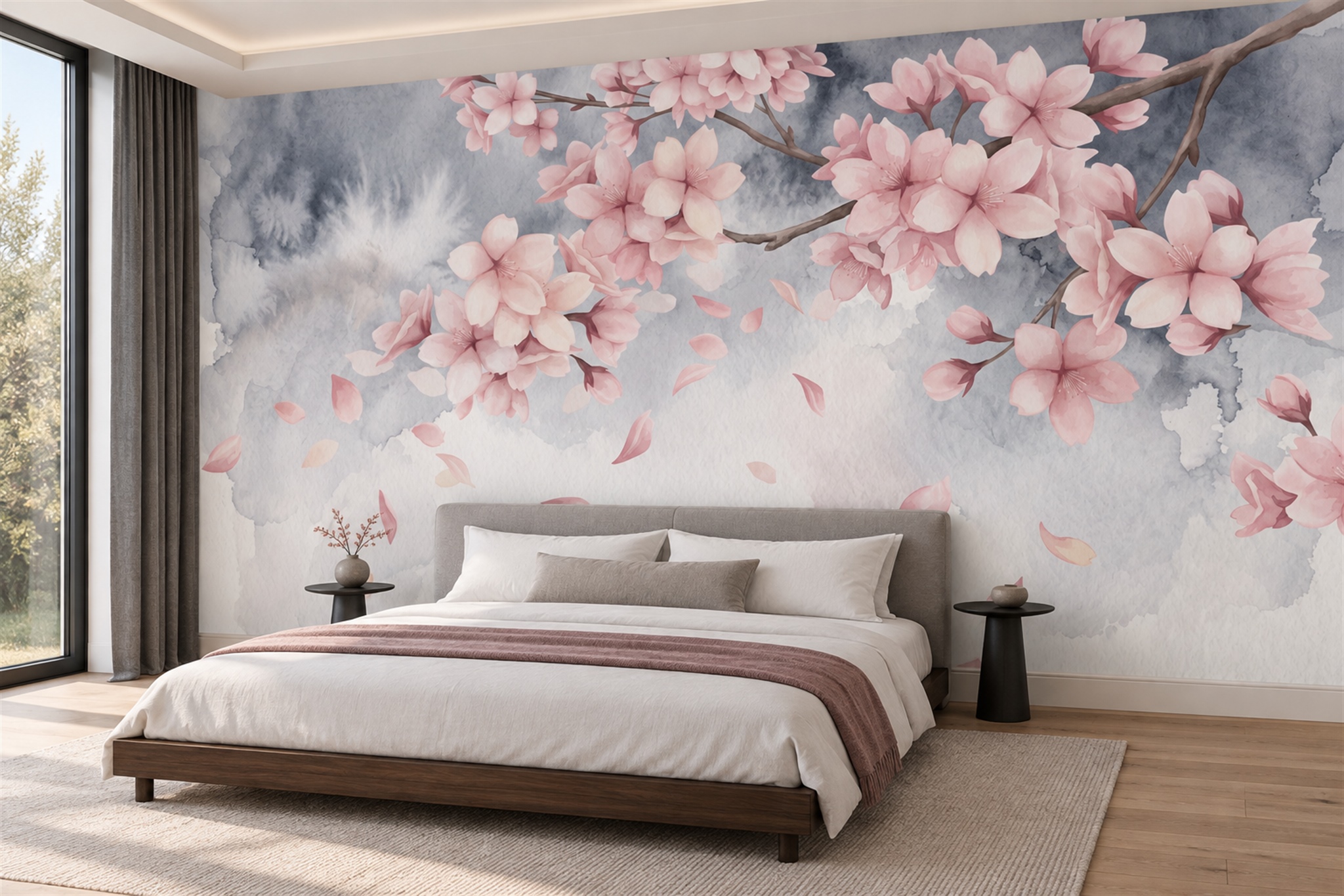 Pink Cherry Blossom Branches With Falling Petals Wallpaper Mural — Installed Wallpaper Mural In A Bedroom, Peel-and-stick Finish