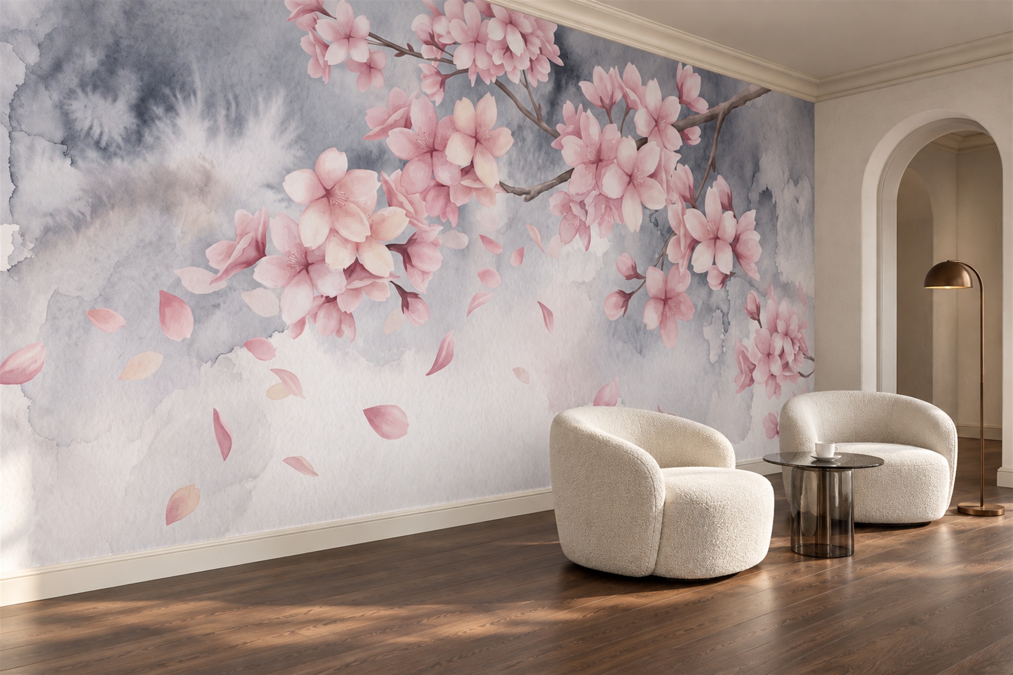 Pink Blossom Botanical Painterly Wallpaper Mural Living-room-wallpaper-murals, Shown In A Living Room, Peel-and-stick Finish