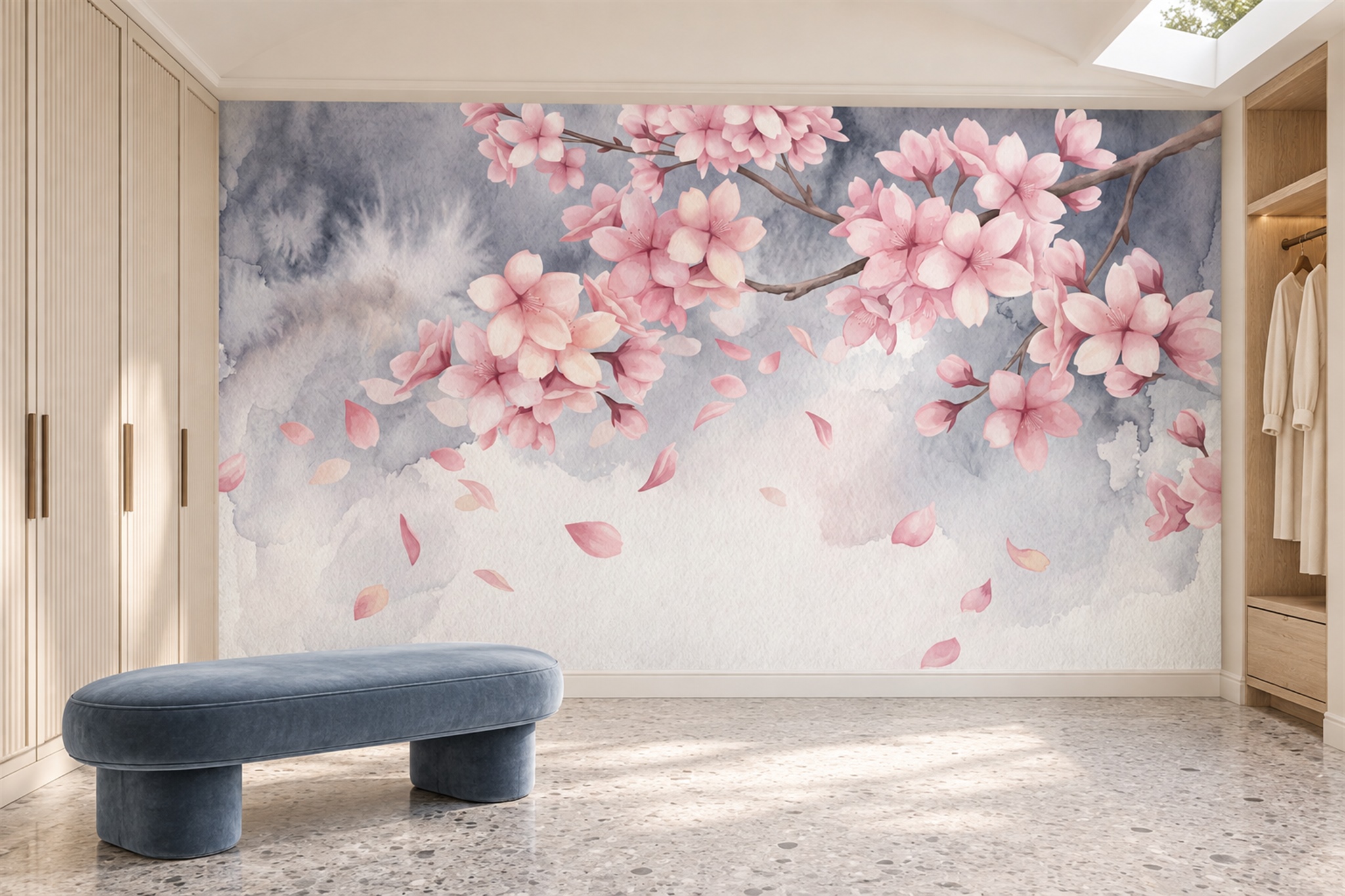 Pink Blossom Botanical Painterly Wallpaper Mural Accent-wall-wallpaper-murals, Peel-and-stick Finish