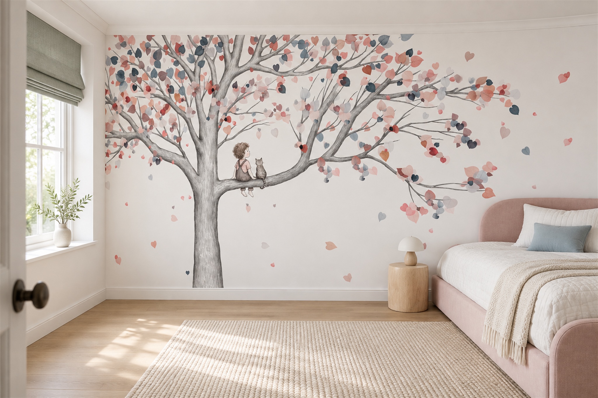 Pink Tree Scenic Wallpaper Mural Kids-room-wallpaper-murals, Peel-and-stick Finish