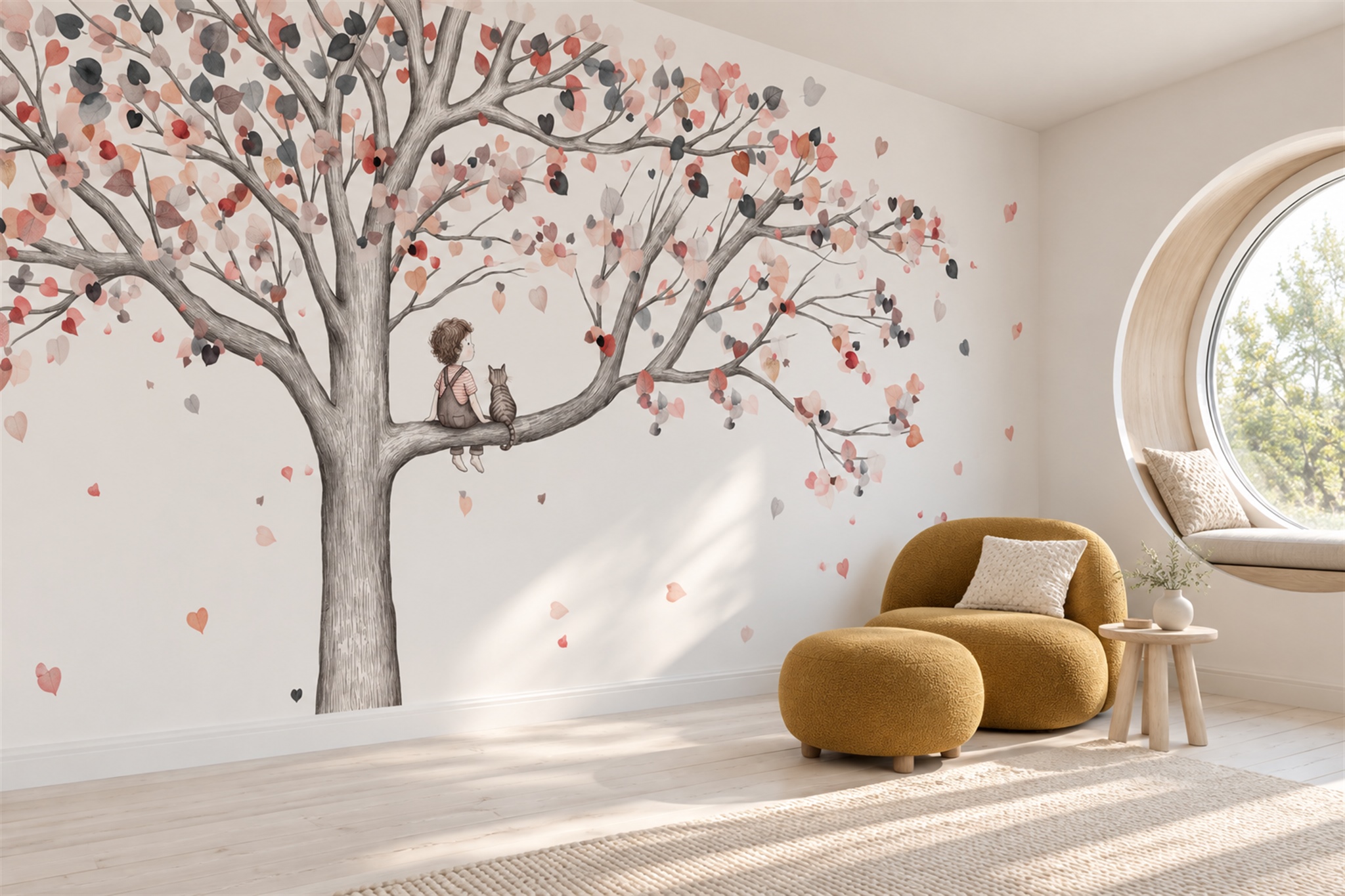 Pink Tree Scenic Wallpaper Mural Accent-wall-wallpaper-murals, Peel-and-stick Finish