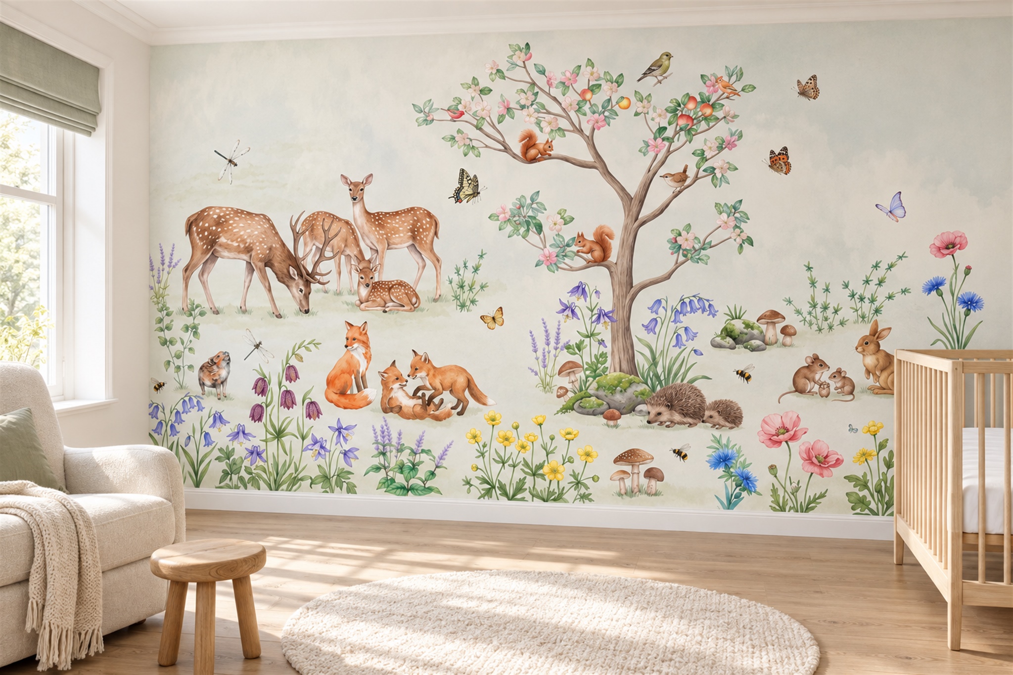 Sage Woodland Scenic Painterly Wallpaper Mural Nursery-wallpaper-murals, Peel-and-stick Finish