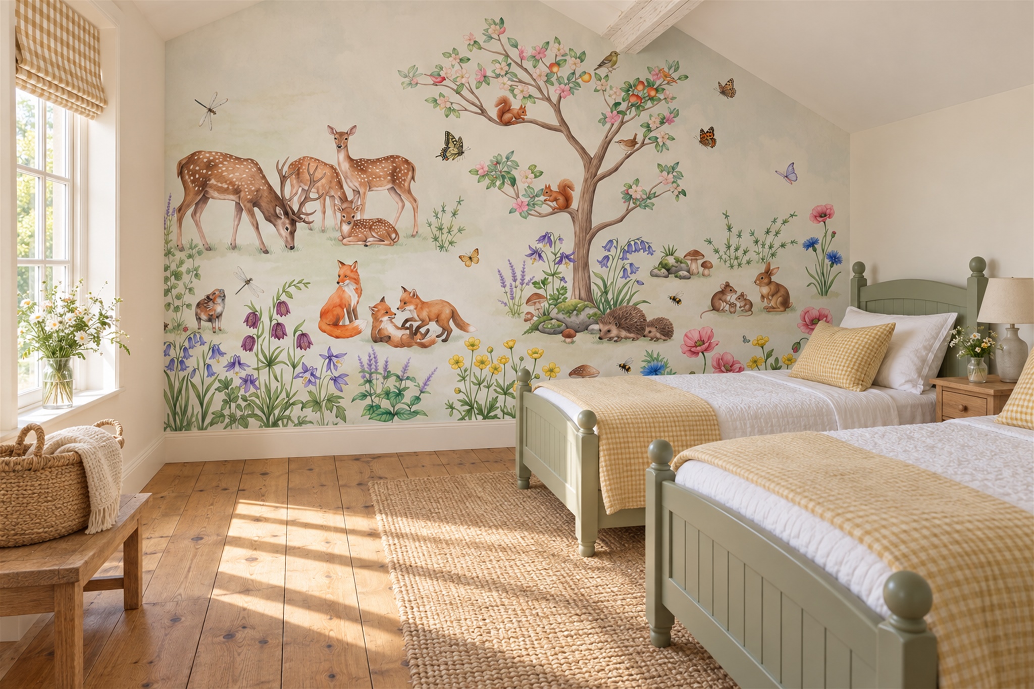 Woodland Animals, Blossoming Tree And Meadow Wallpaper Mural — Wallpaper Mural Design, Peel-and-stick Finish