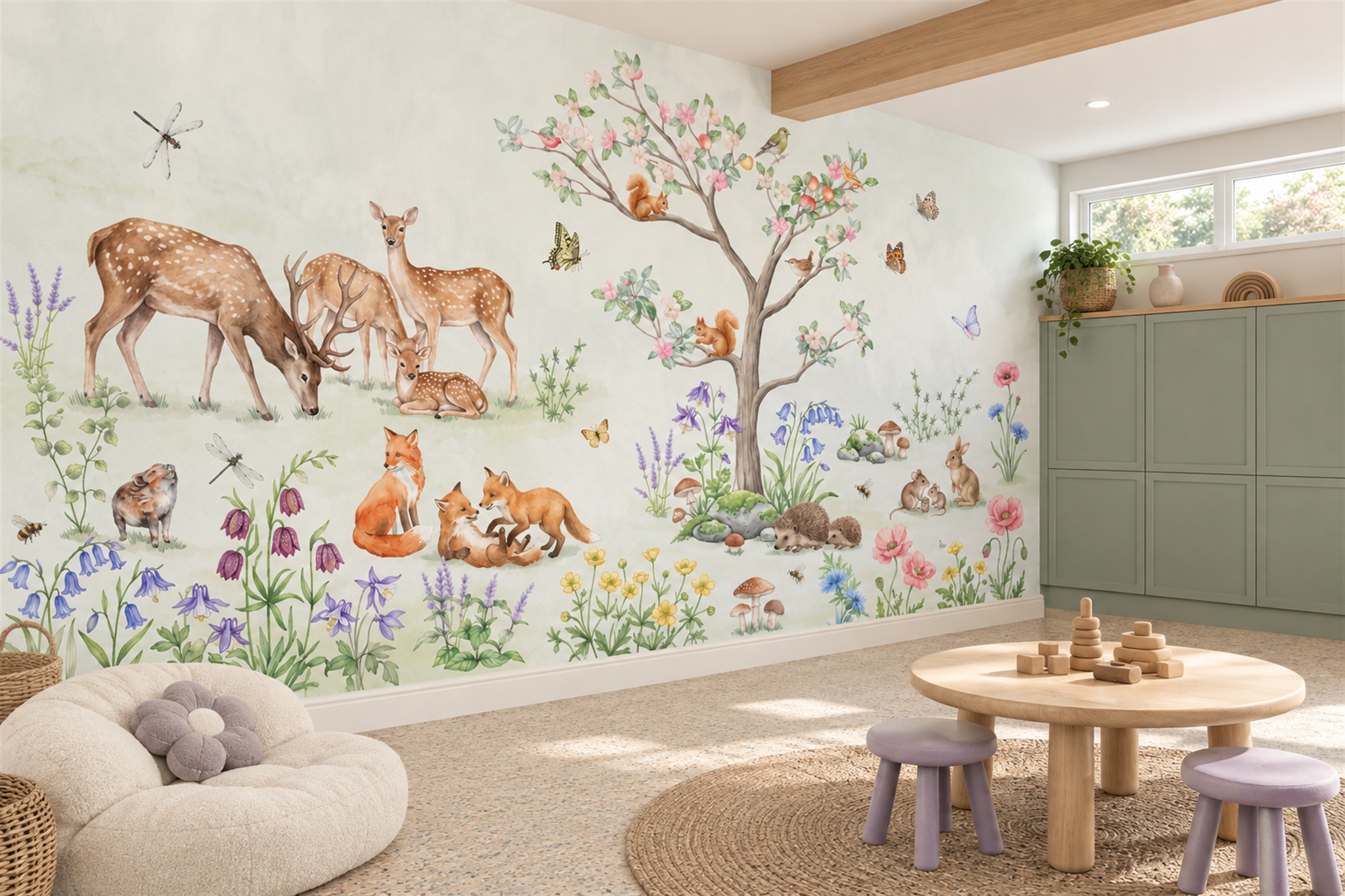 Sage Woodland Scenic Painterly Wallpaper Mural Accent-wall-wallpaper-murals, Peel-and-stick Finish