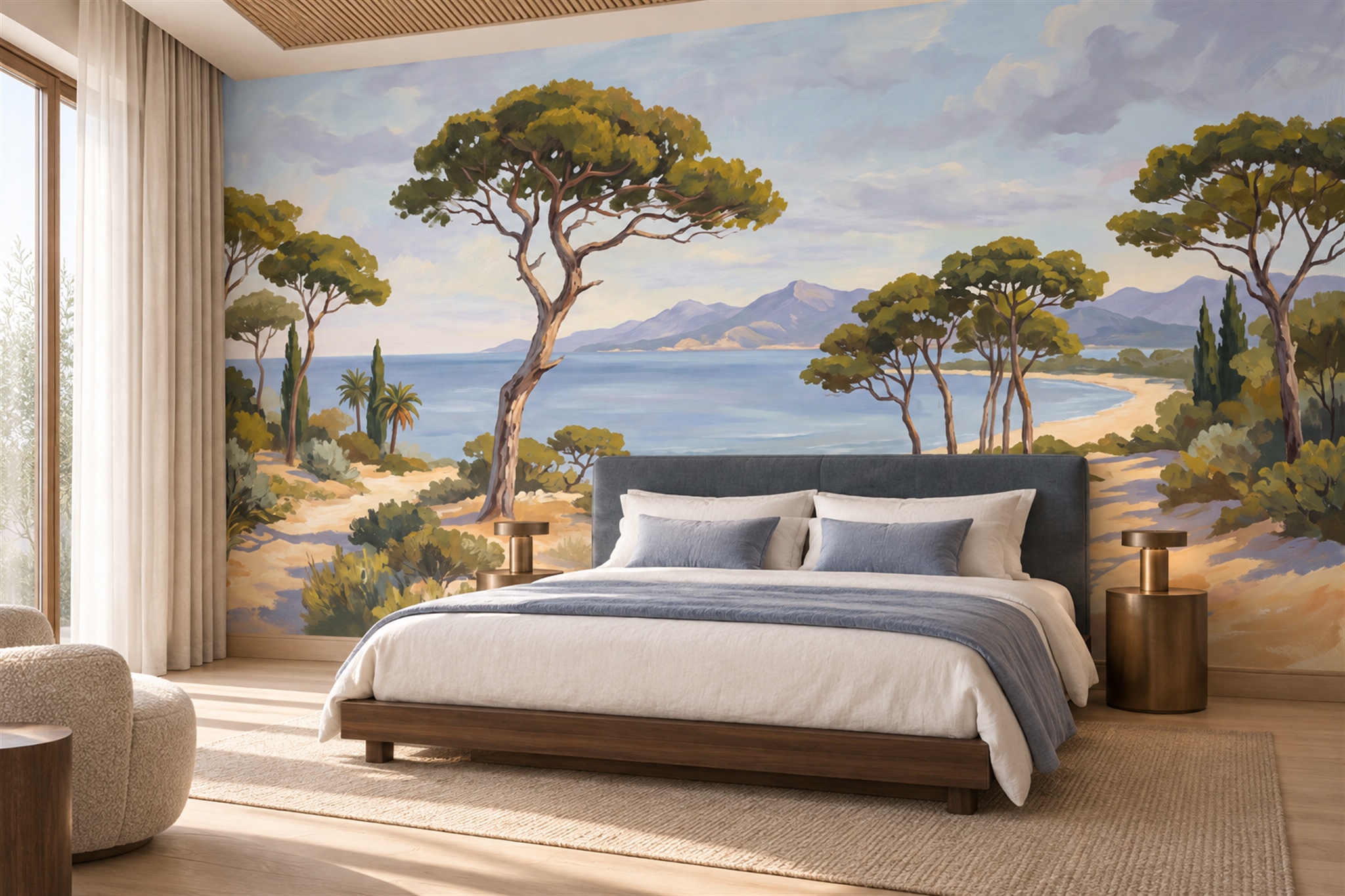 Olive Scenic Scenic Watercolour Wallpaper Mural Bedroom-wallpaper-murals, Peel-and-stick Finish