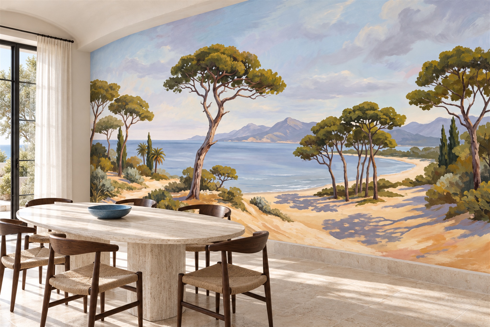 Olive Scenic Scenic Watercolour Wallpaper Mural Dining-room-wallpaper-murals, Shown In A Dining Room, Peel-and-stick Finish