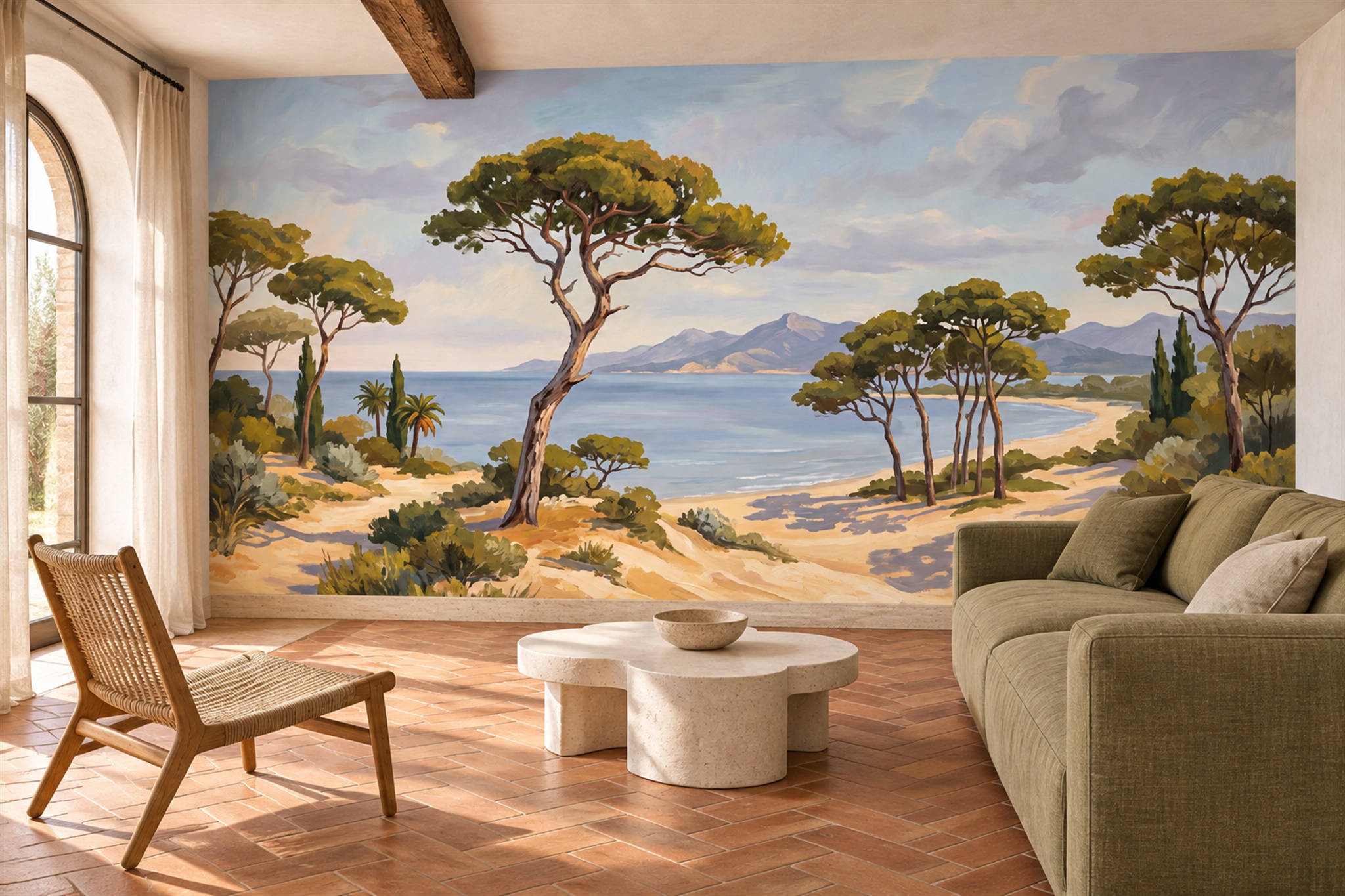 Olive Scenic Scenic Watercolour Wallpaper Mural Accent-wall-wallpaper-murals, Peel-and-stick Finish