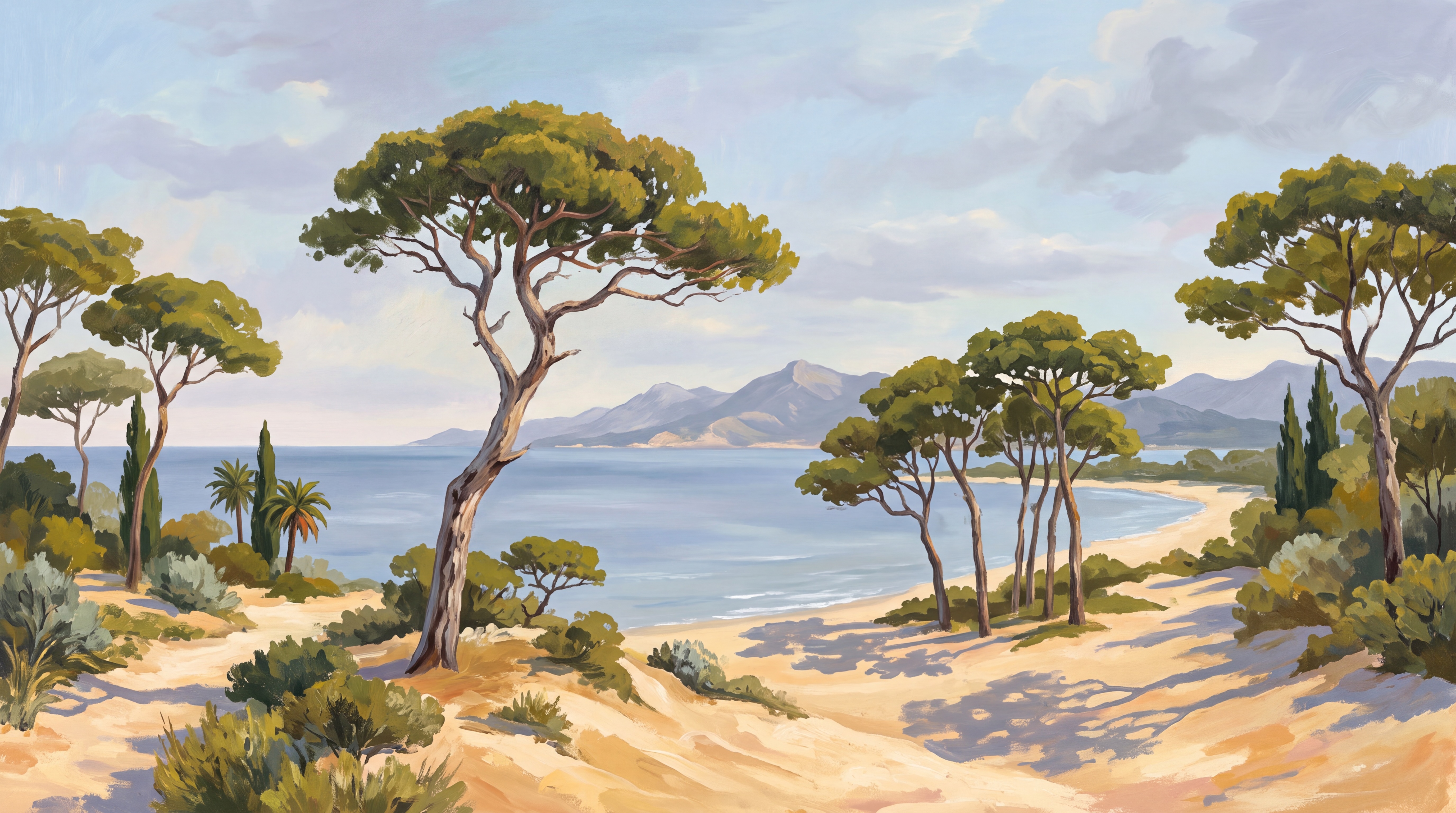 Olive Scenic Scenic Watercolour Wallpaper Mural Accent-wall-wallpaper-murals, Peel-and-stick Finish