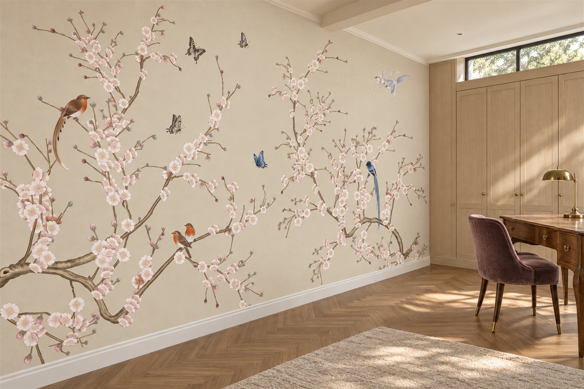 Blossoming Branches With Birds And Butterflies Wallpaper Mural — Wallpaper Mural Design, Peel-and-stick Finish