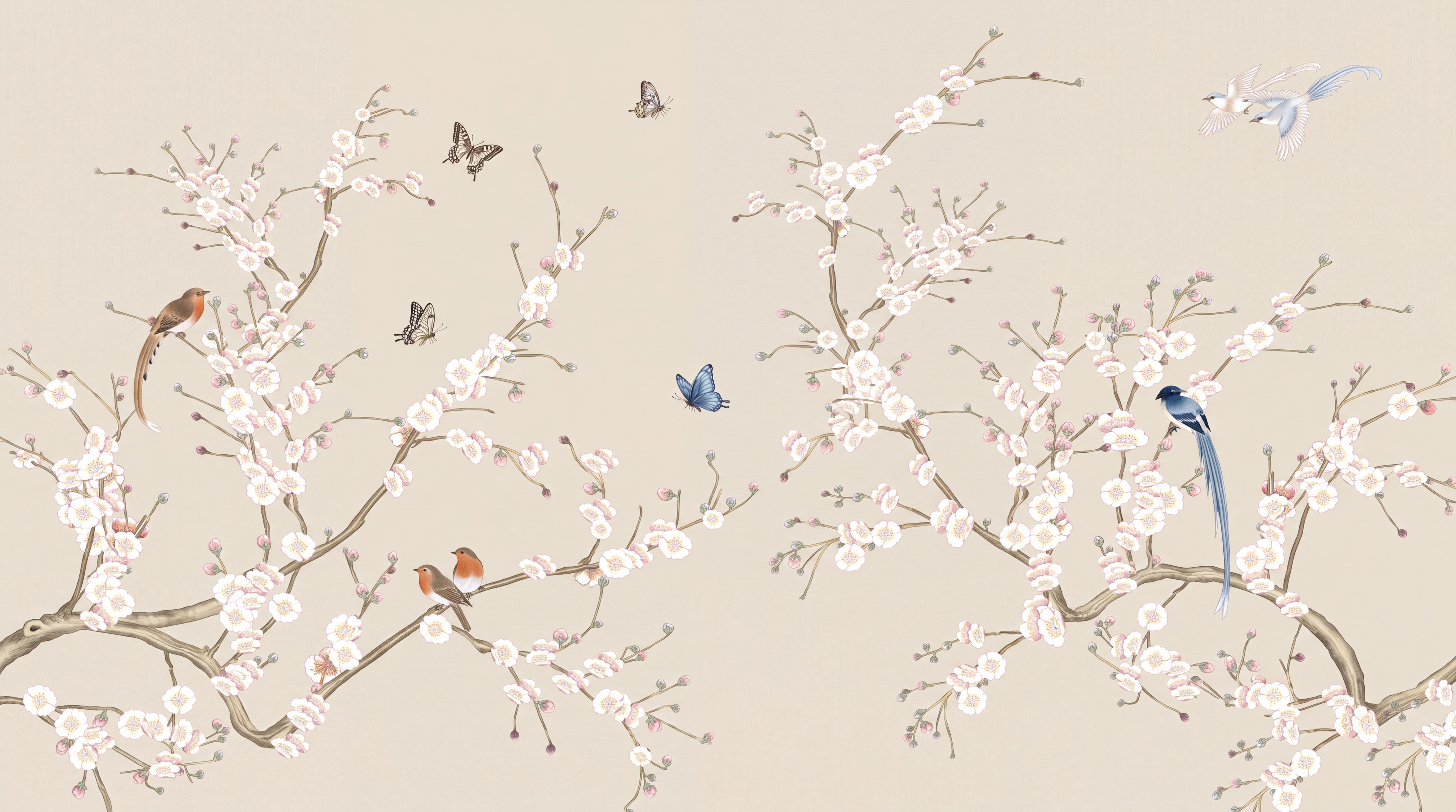 Beige Blossom Botanical Decorative Wallpaper Mural, Peel-and-stick Finish