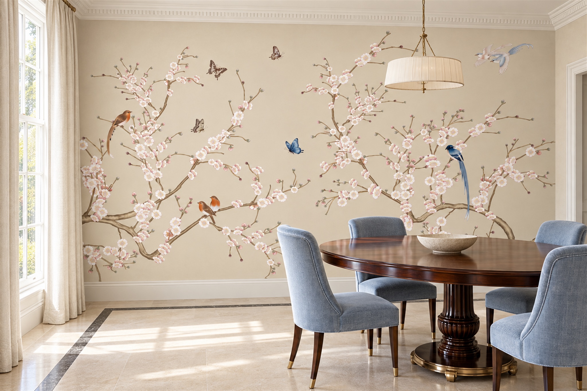 Beige Blossom Botanical Decorative Wallpaper Mural Dining-room-wallpaper-murals, Shown In A Dining Room, Peel-and-stick Finish