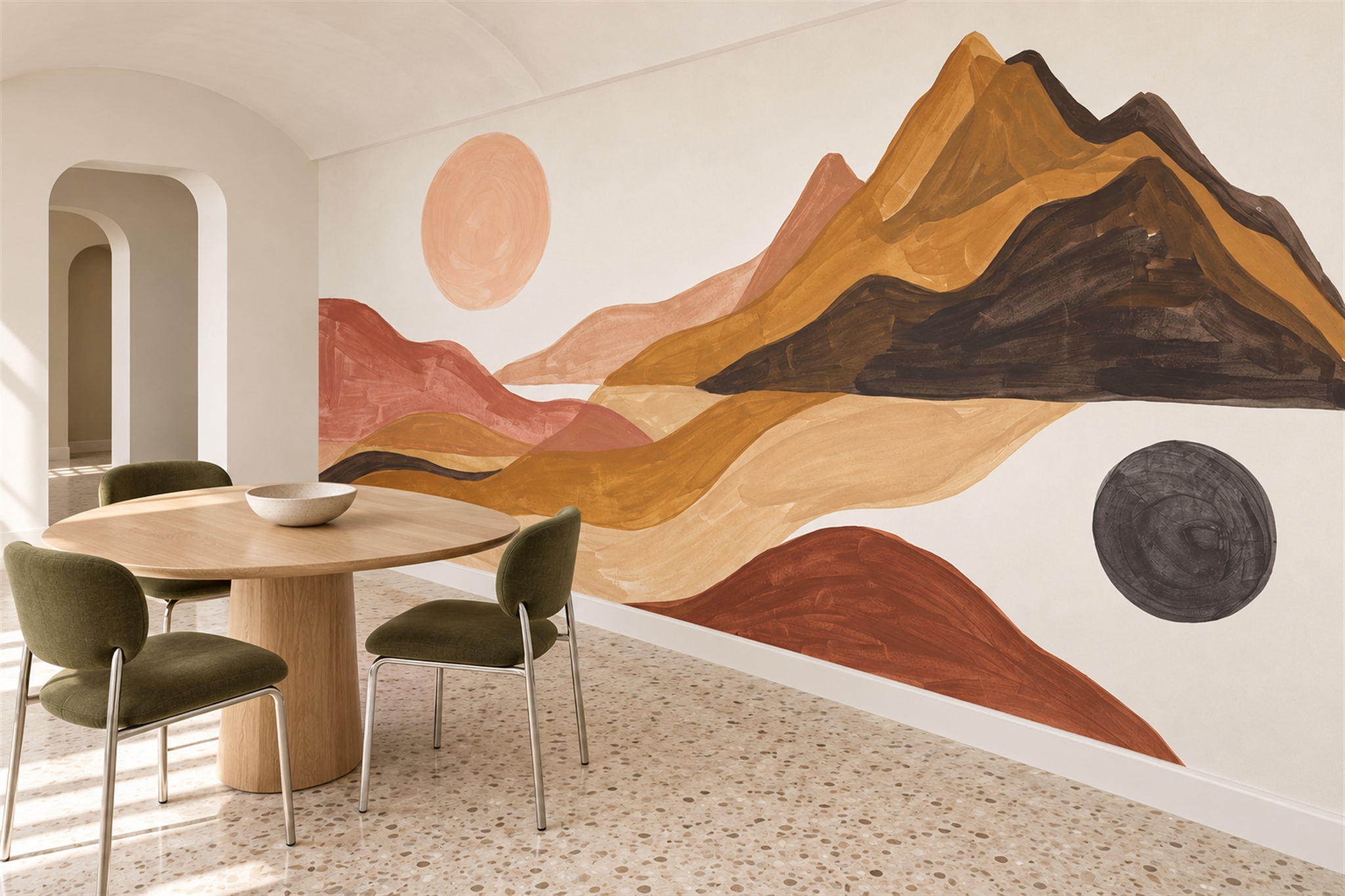 Rust Mountain Scenic Wallpaper Mural Dining-room-wallpaper-murals, Shown In A Dining Room, Peel-and-stick Finish