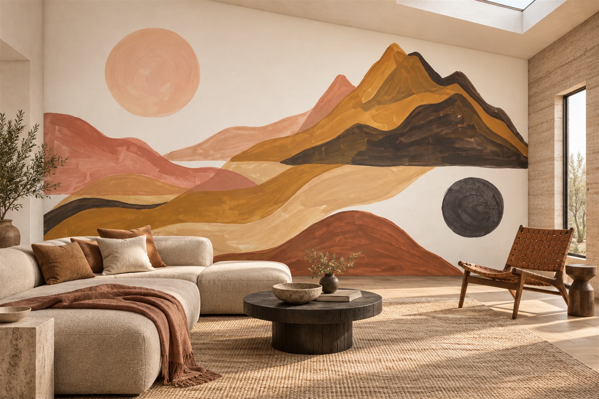 Terracotta Mountain Landscape With Peach Sun And Dark Moon Wallpaper Mural — Wallpaper Mural Design, Peel-and-stick Finish