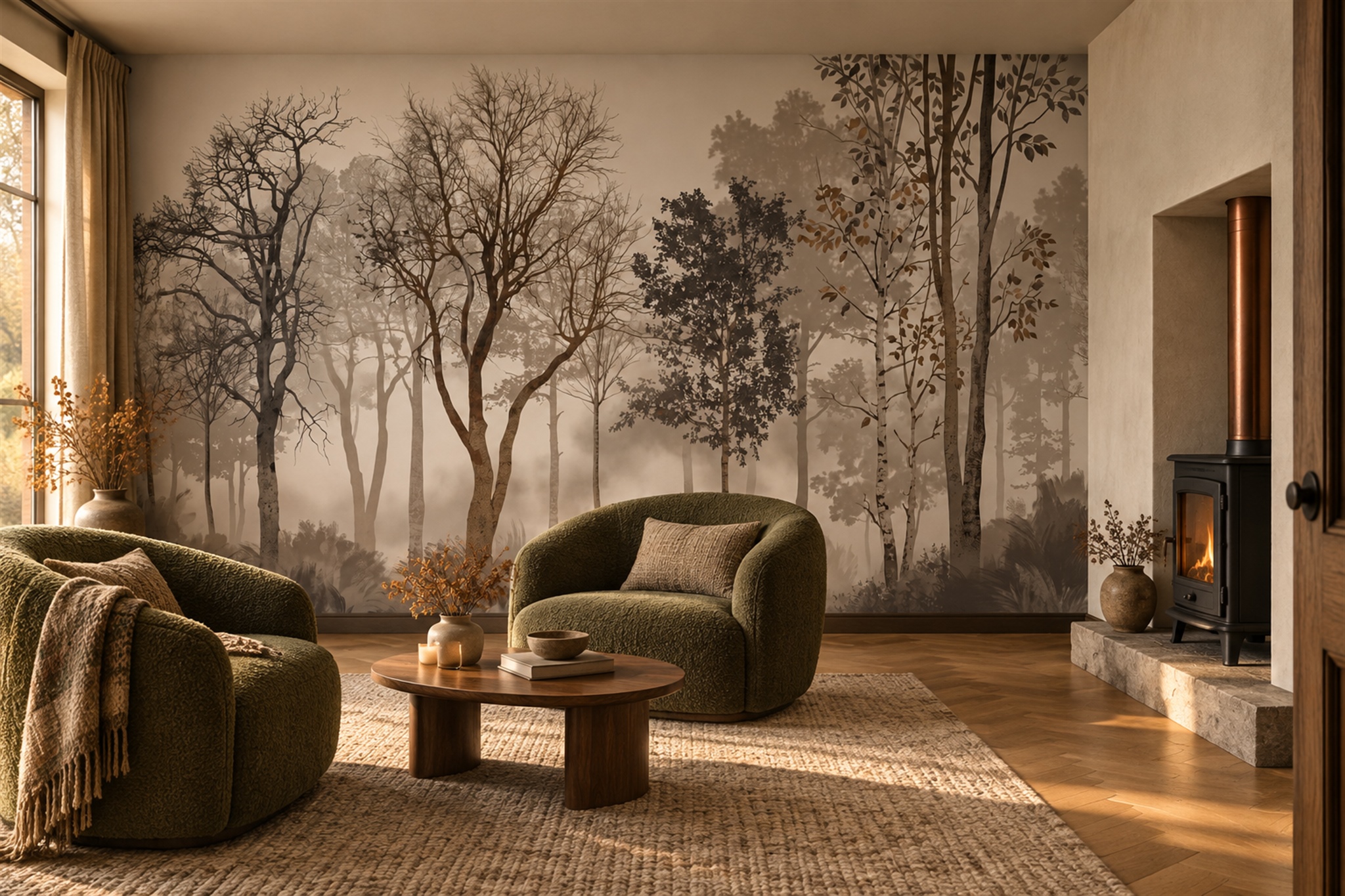 Taupe Forest Scenic Decorative Wallpaper Mural Accent-wall-wallpaper-murals, Peel-and-stick Finish
