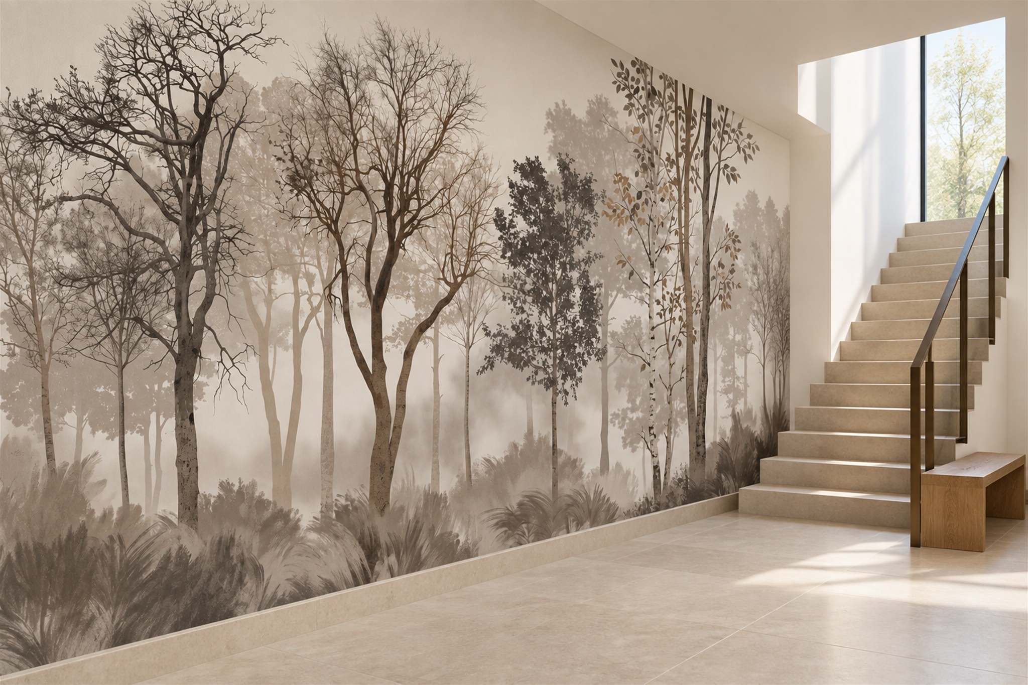 Taupe Forest Scenic Decorative Wallpaper Mural Accent-wall-wallpaper-murals, Peel-and-stick Finish