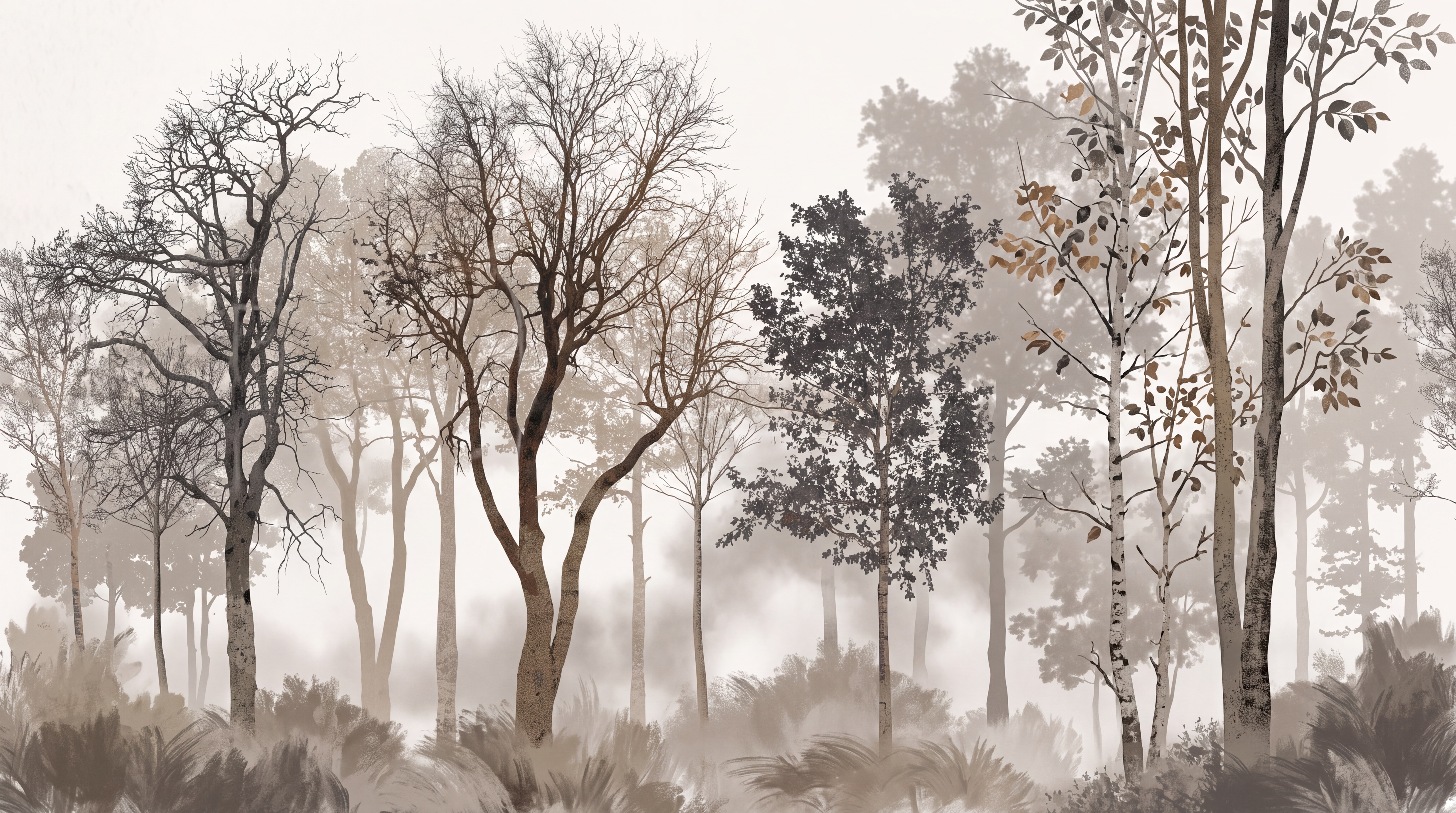 Taupe Forest Scenic Decorative Wallpaper Mural, Peel-and-stick Finish