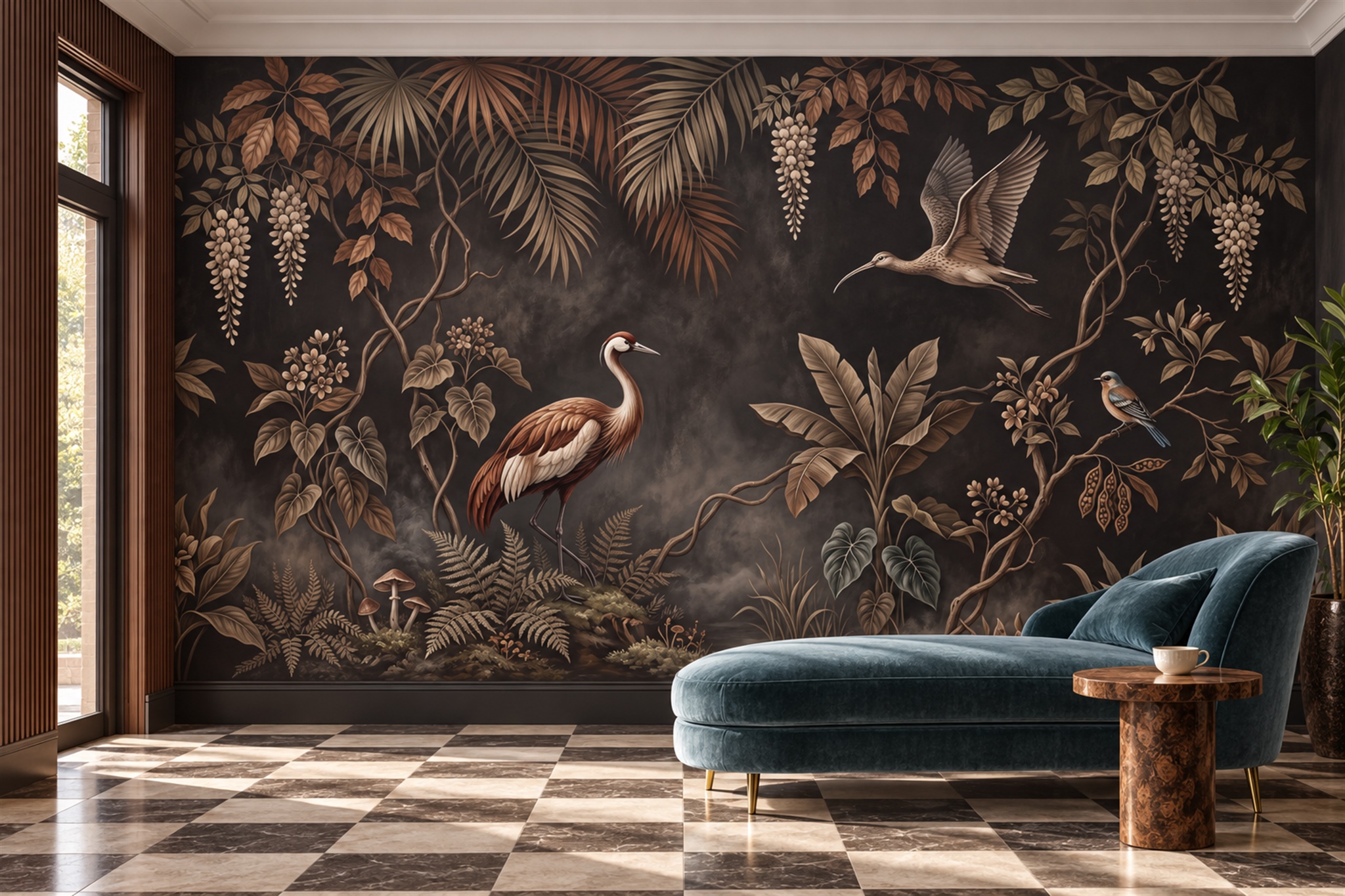 Brown Bird Illustrated Wallpaper Mural Accent-wall-wallpaper-murals, Peel-and-stick Finish