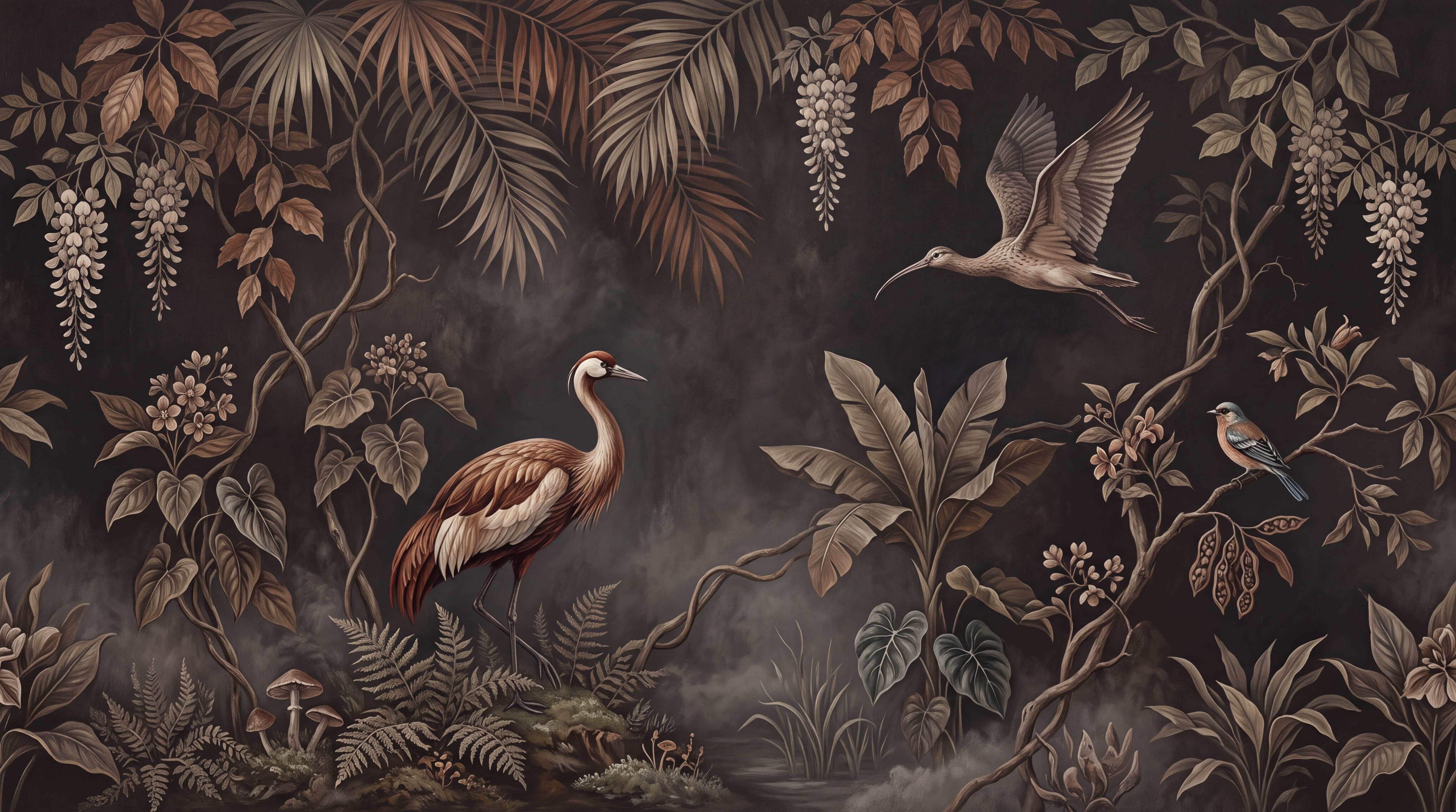 Brown Bird Illustrated Wallpaper Mural, Peel-and-stick Finish