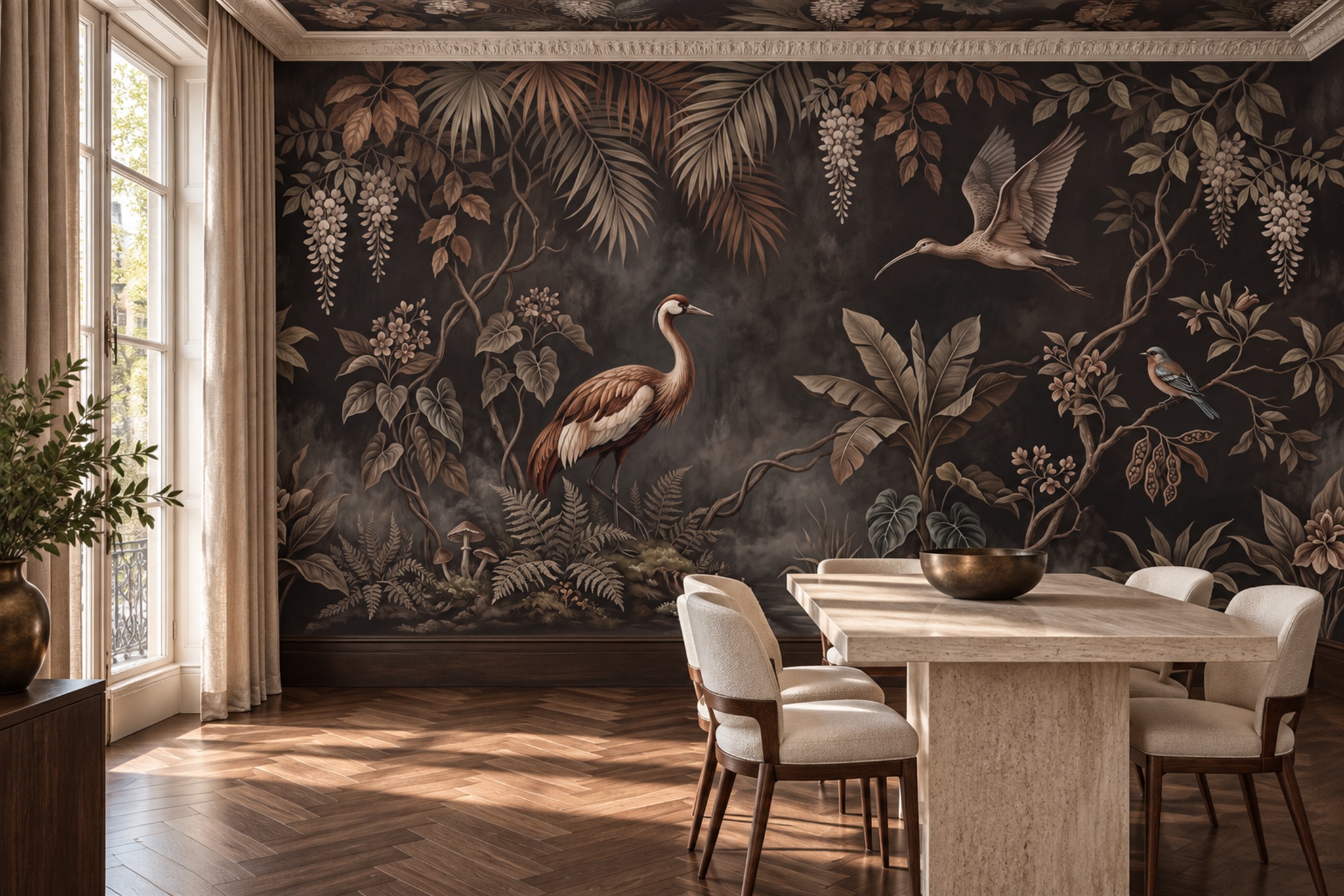 Sepia Tropical Foliage With Cranes And Flying Wading Bird Wallpaper Mural — Wallpaper Mural Design, Peel-and-stick Finish
