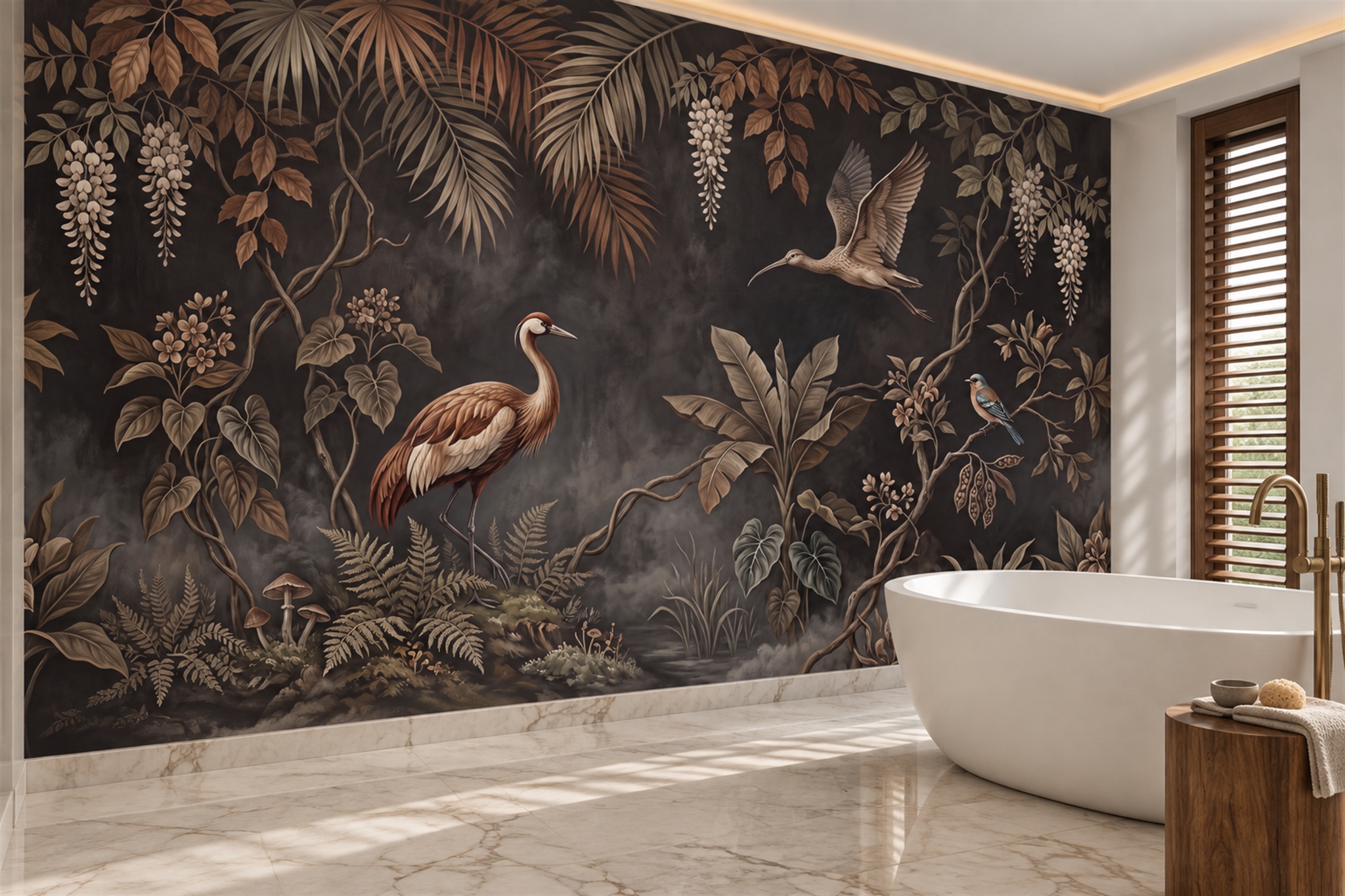 Brown Bird Illustrated Wallpaper Mural Bathroom-wallpaper-murals, Peel-and-stick Finish