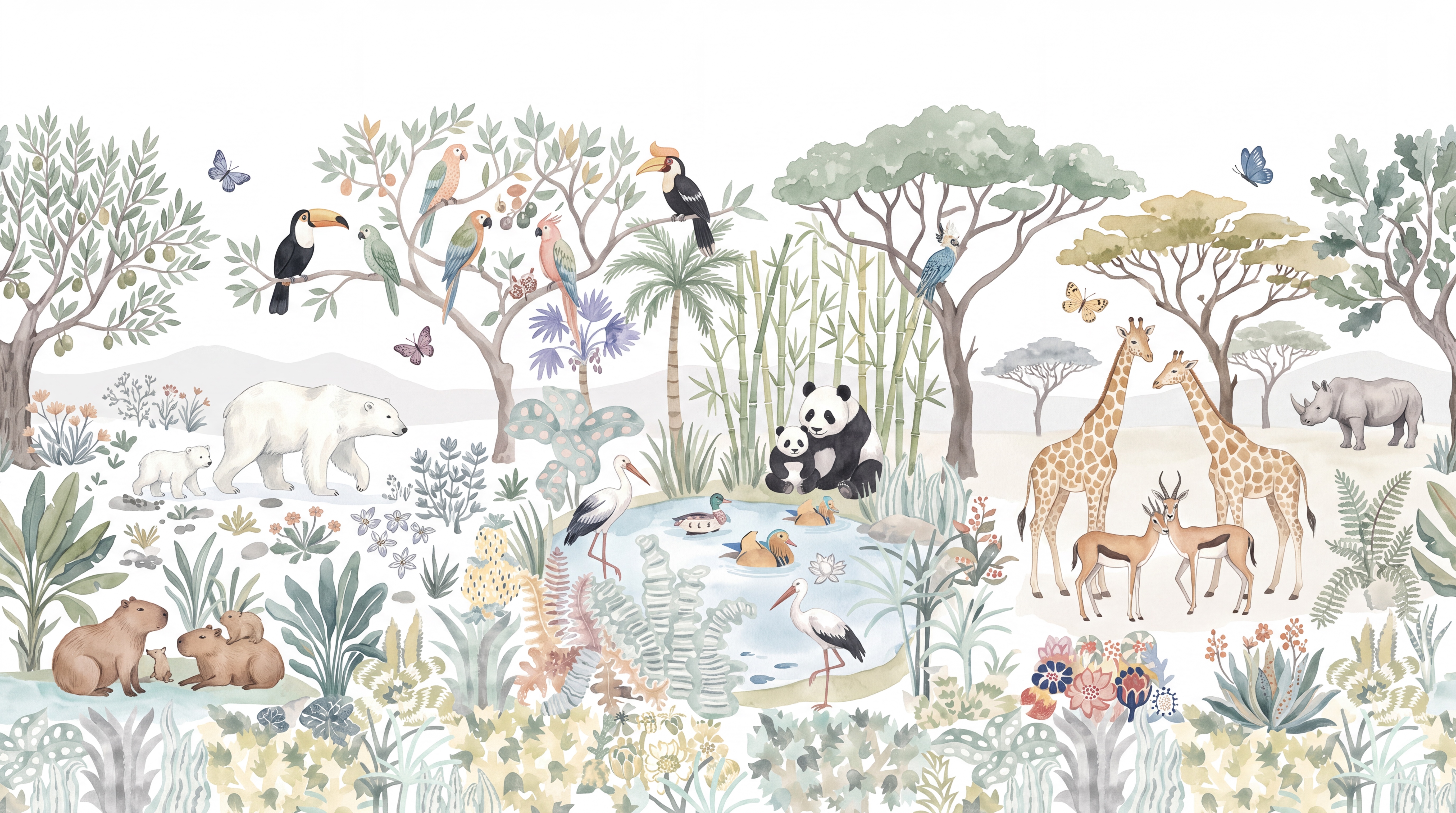 Sage Animal Illustrated Layered Wallpaper Mural, Peel-and-stick Finish