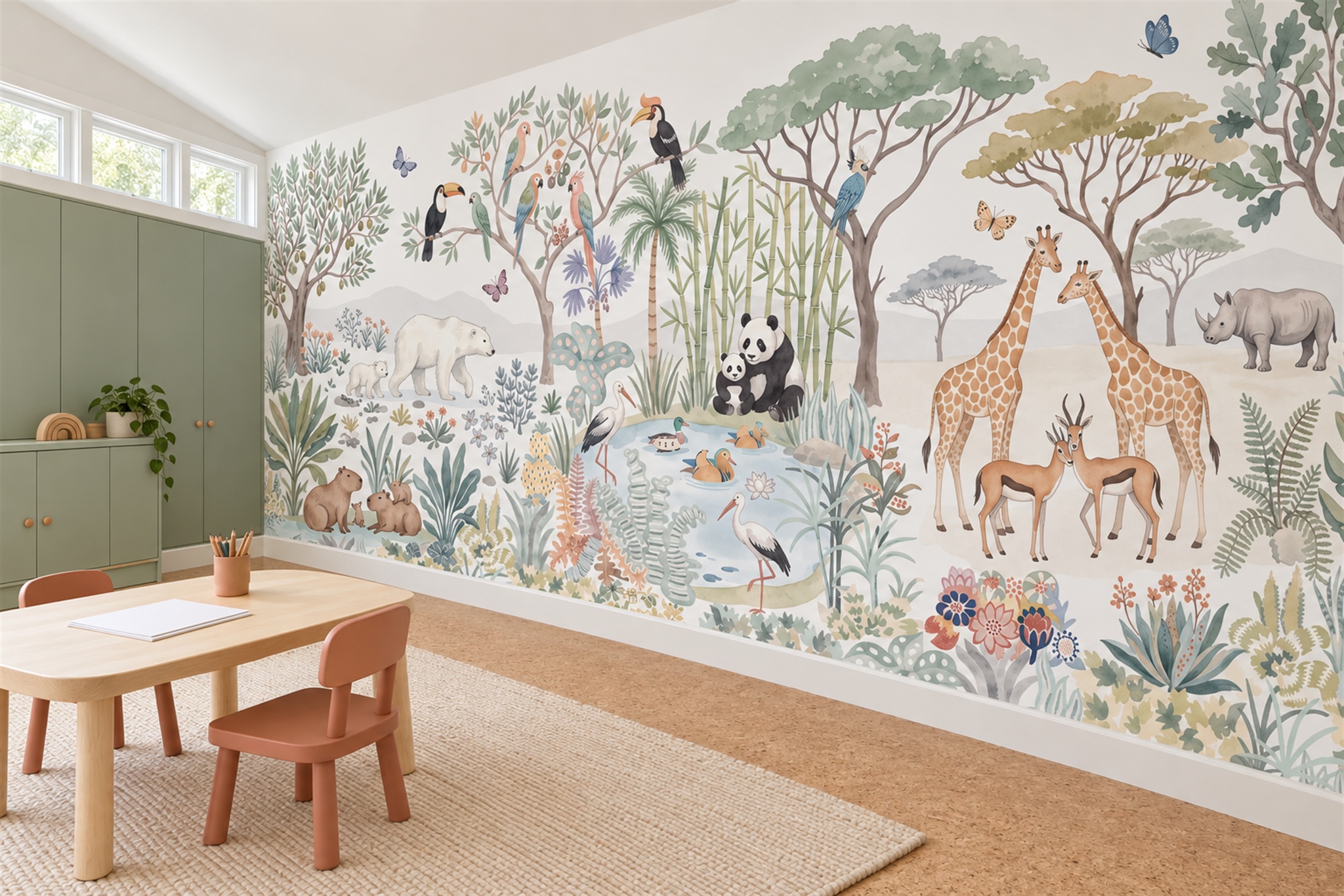 Sage Animal Illustrated Layered Wallpaper Mural Home-office-wallpaper-murals, Shown In A Home Office, Peel-and-stick Finish
