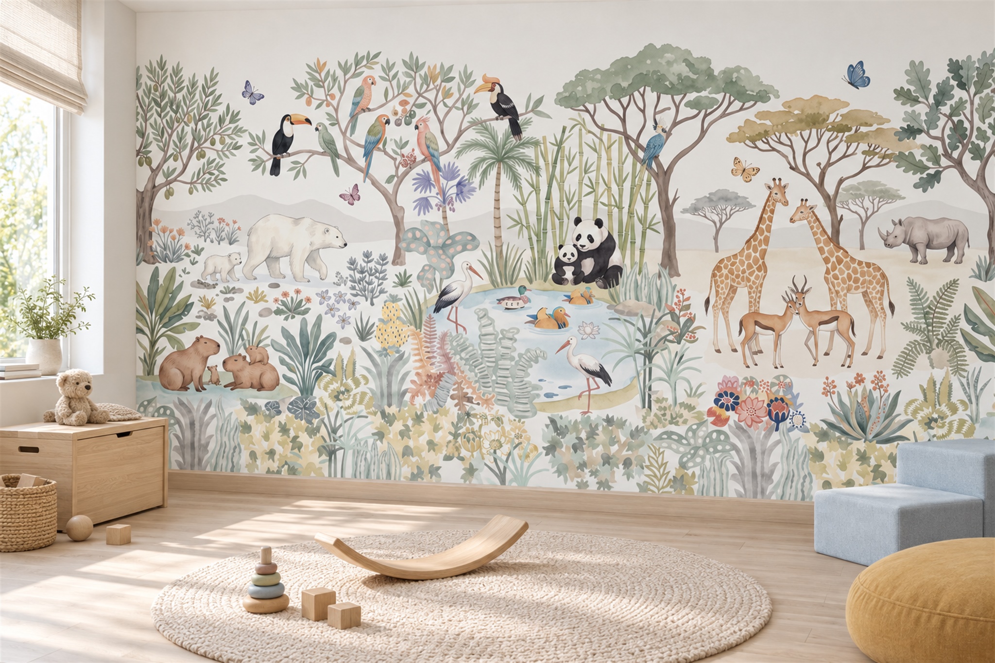 Sage Animal Illustrated Layered Wallpaper Mural Accent-wall-wallpaper-murals, Peel-and-stick Finish