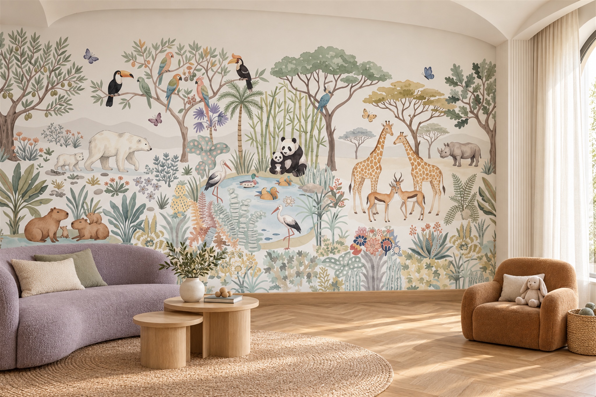 Watercolour Animal World With Pandas, Giraffes And Pond Birds Wallpaper Mural — Wallpaper Mural Design, Peel-and-stick Finish