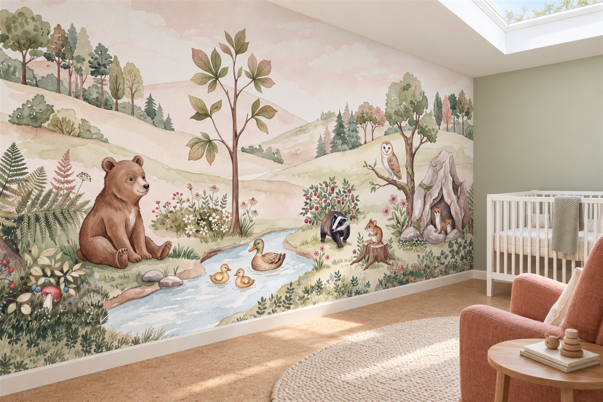 Sage Woodland Scenic Layered Wallpaper Mural Nursery-wallpaper-murals, Peel-and-stick Finish