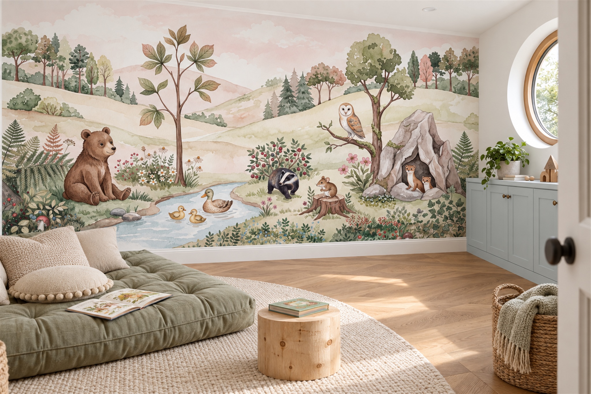 Sage Woodland Scenic Layered Wallpaper Mural Home-office-wallpaper-murals, Shown In A Home Office, Peel-and-stick Finish