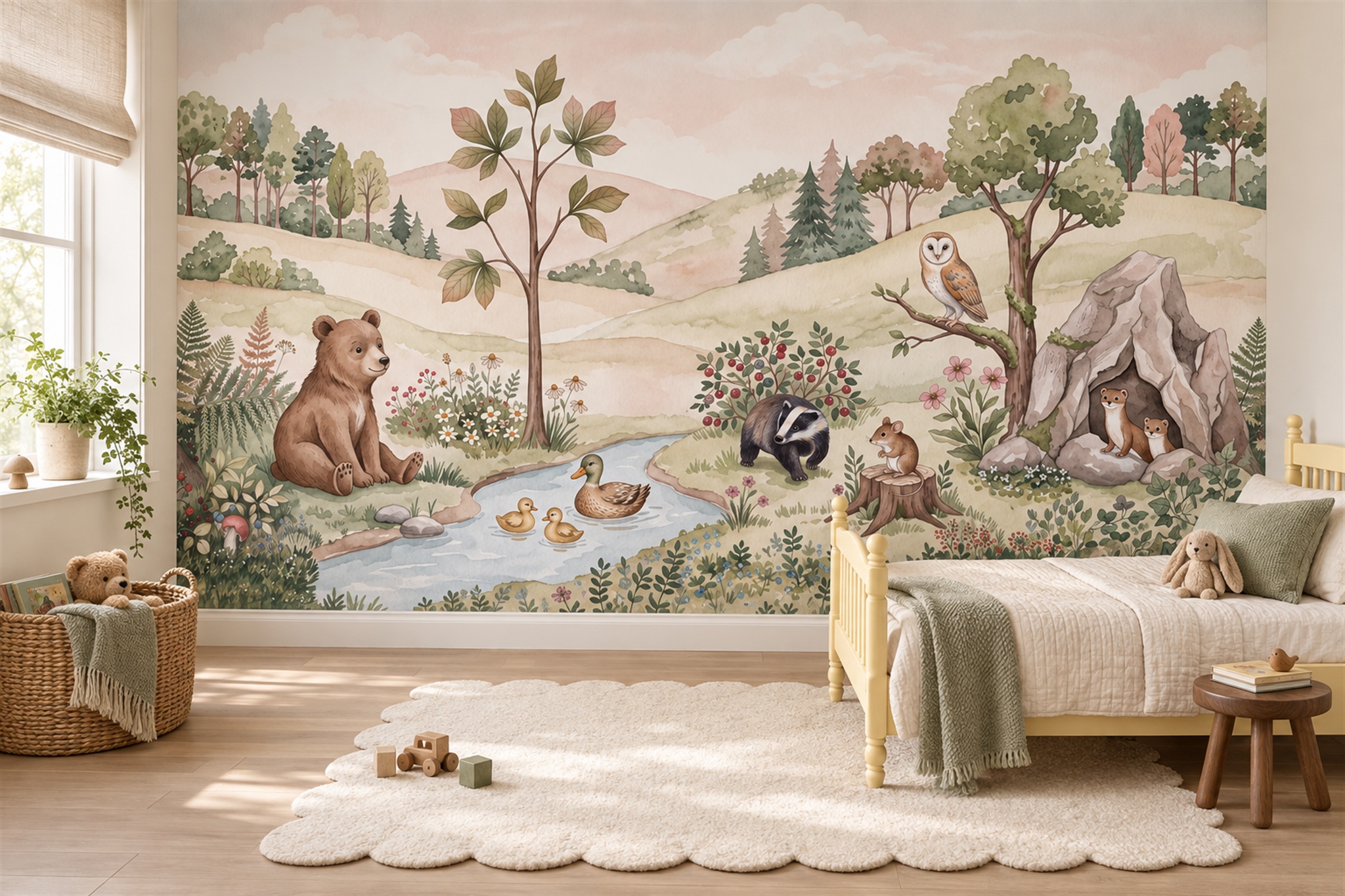 Woodland Brook With Bear, Deer, Owl And Forest Animals Wallpaper Mural — Wallpaper Mural Design, Peel-and-stick Finish